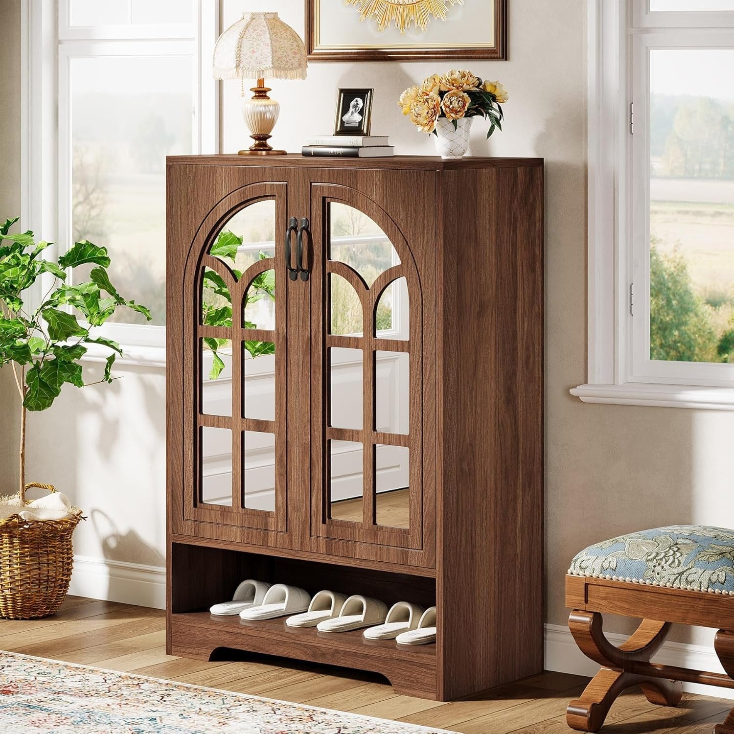 73.6 cm Antiker Schuhschrank mit Spiegeltüren & 5 Regalen – Platzsparend für Diele & Wohnzimmer in Braun