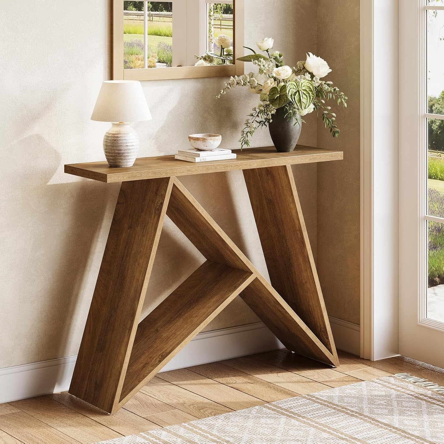 105 cm Kleiner Konsoletisch im Farmhouse-Design, schmaler Couchtisch für Diele & Foyer in Braun