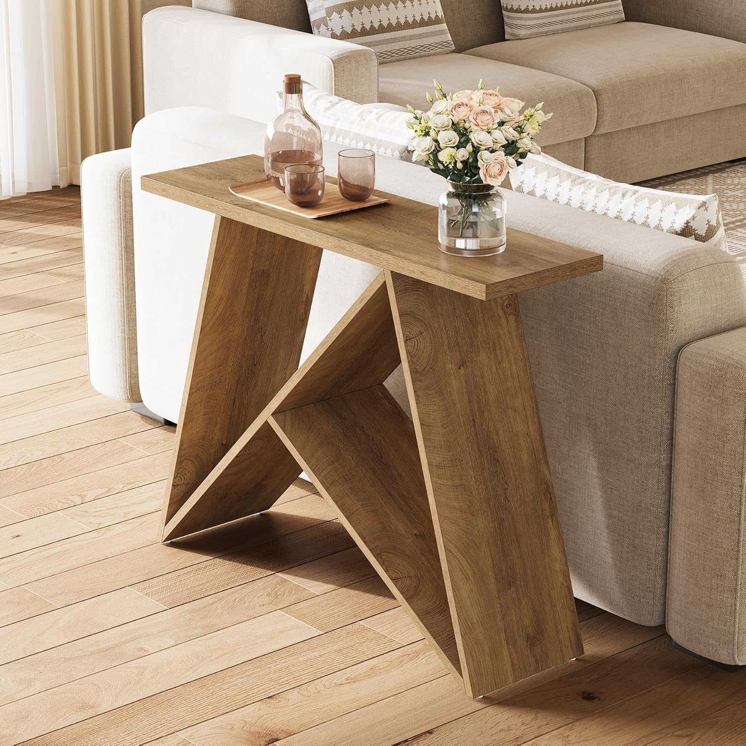 105 cm Kleiner Konsoletisch im Farmhouse-Design, schmaler Couchtisch für Diele & Foyer in Braun