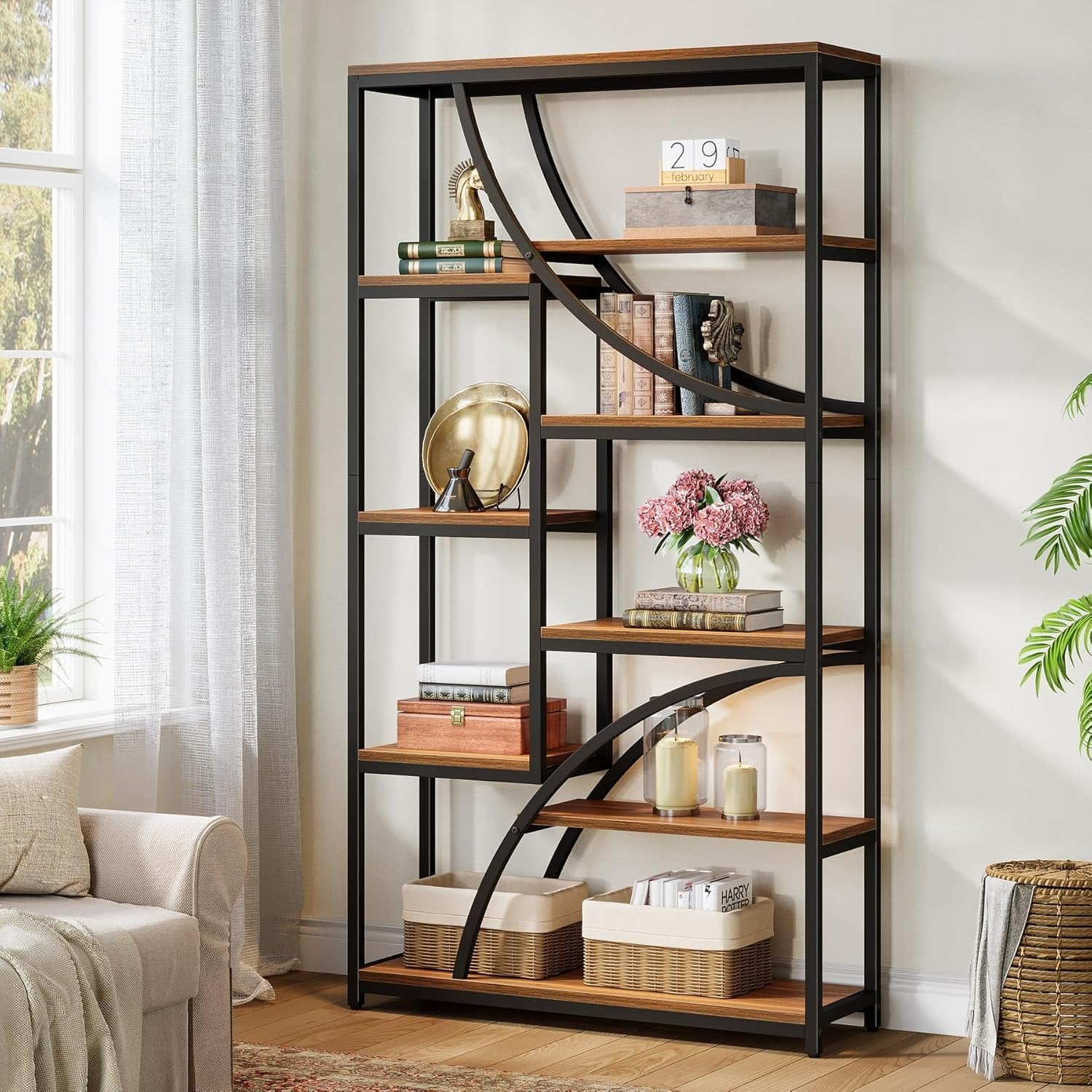 180 cm Industriestil Bücherregal, 9-stöckiges Metallregal mit geometrischem Design für Wohnzimmer in Braun-Schwarz