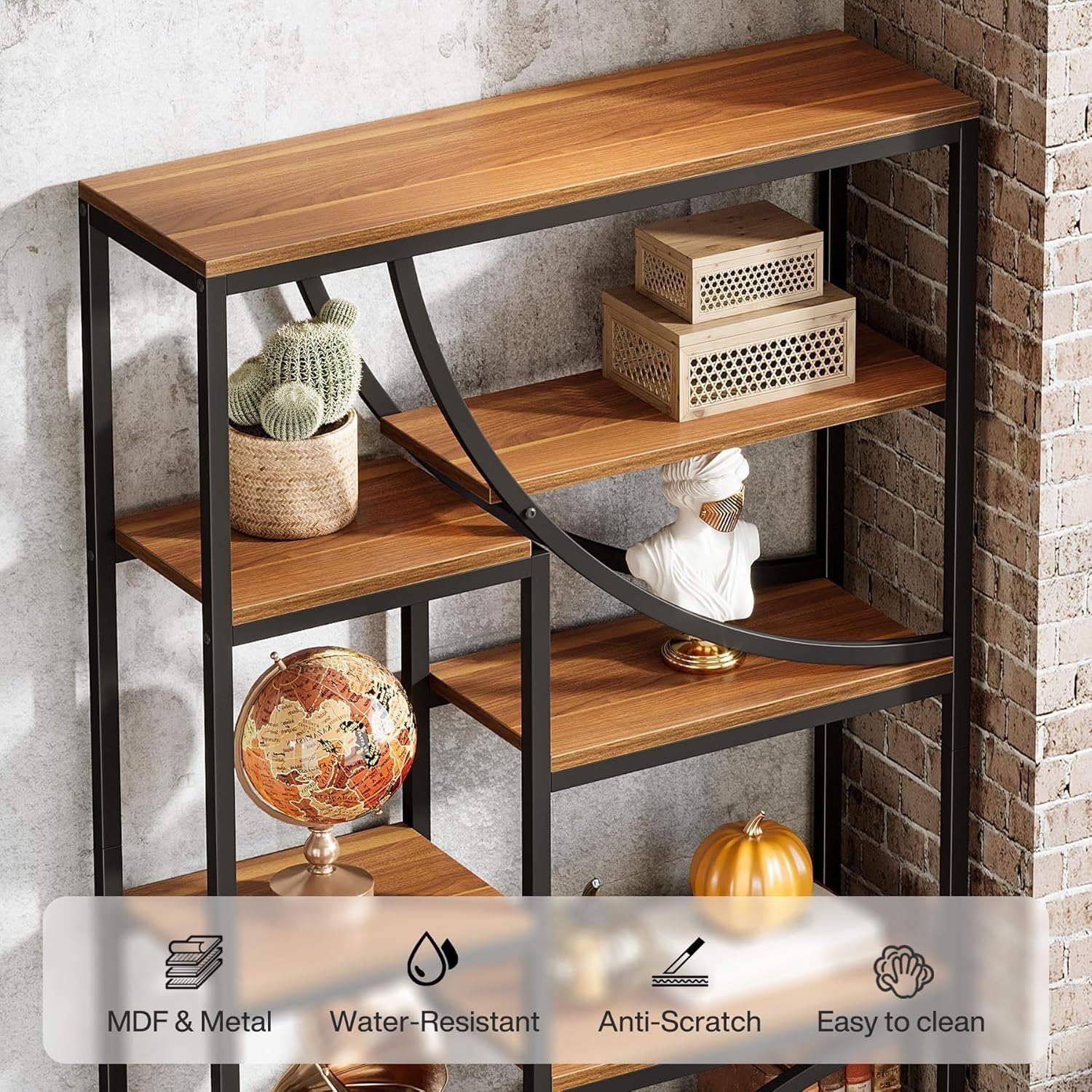 180 cm Industriestil Bücherregal, 9-stöckiges Metallregal mit geometrischem Design für Wohnzimmer in Braun-Schwarz