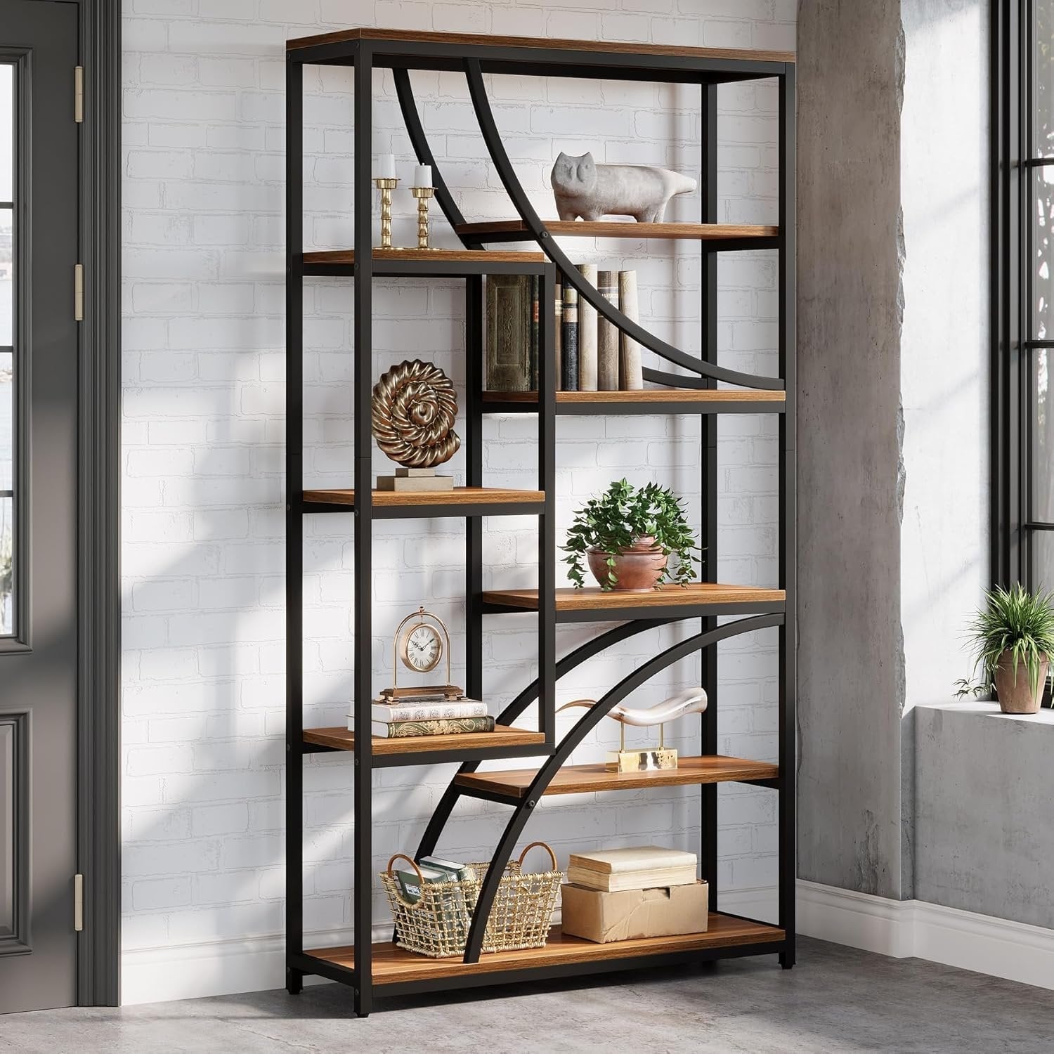 180 cm Industriestil Bücherregal, 9-stöckiges Metallregal mit geometrischem Design für Wohnzimmer in Braun-Schwarz