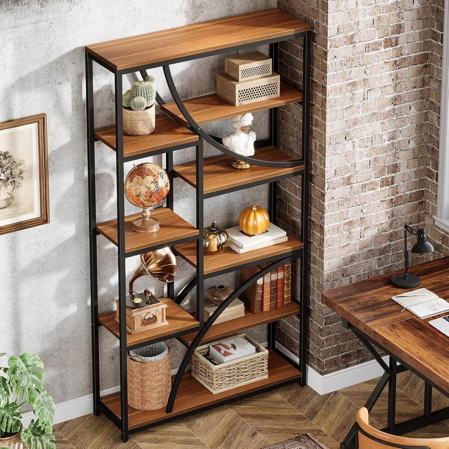180 cm Industriestil Bücherregal, 9-stöckiges Metallregal mit geometrischem Design für Wohnzimmer in Braun-Schwarz