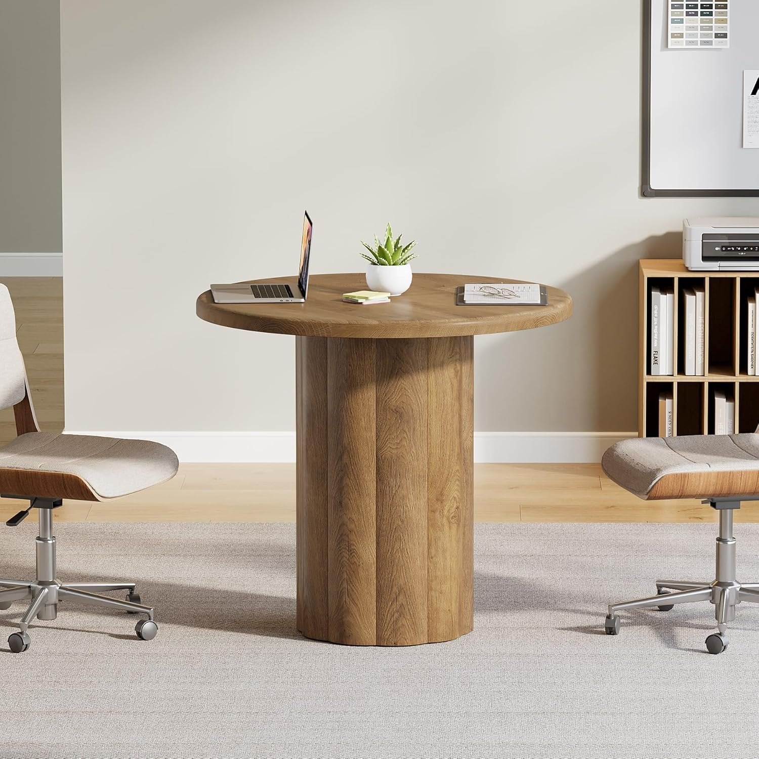 80 cm Runder Konferenztisch für 4 Personen, Bürotisch mit stabiler Basis in Braun