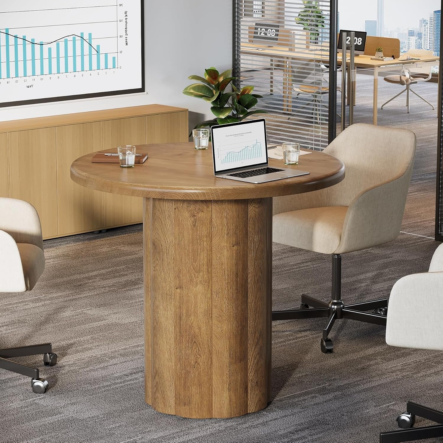 80 cm Runder Konferenztisch für 4 Personen, Bürotisch mit stabiler Basis in Braun