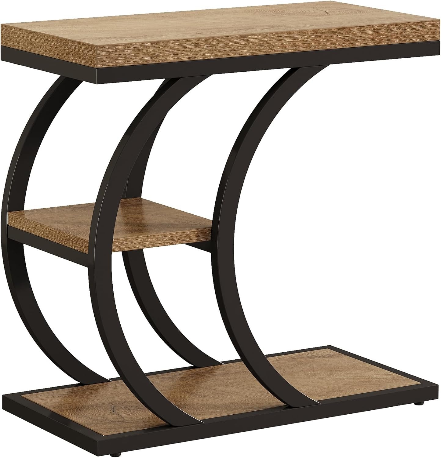 60 cm 3-stöckiger Beistelltisch, C-Form Industriedesign Seitentisch mit Stauraum in Naturholz
