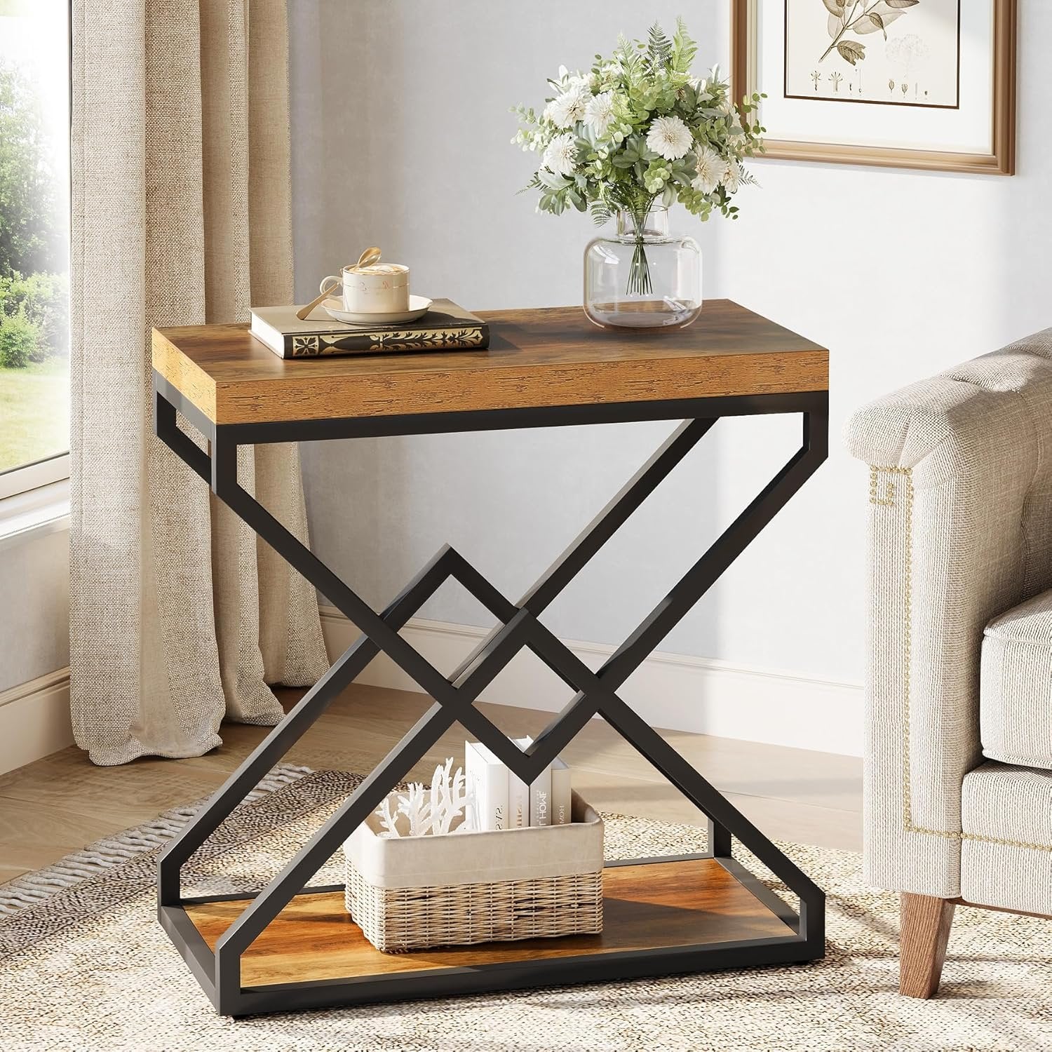 Moderner Beistelltisch mit Stauraum, robustes X-Form Metallgestell in Braun und Schwarz fuer Wohnzimmer und Schlafzimmer