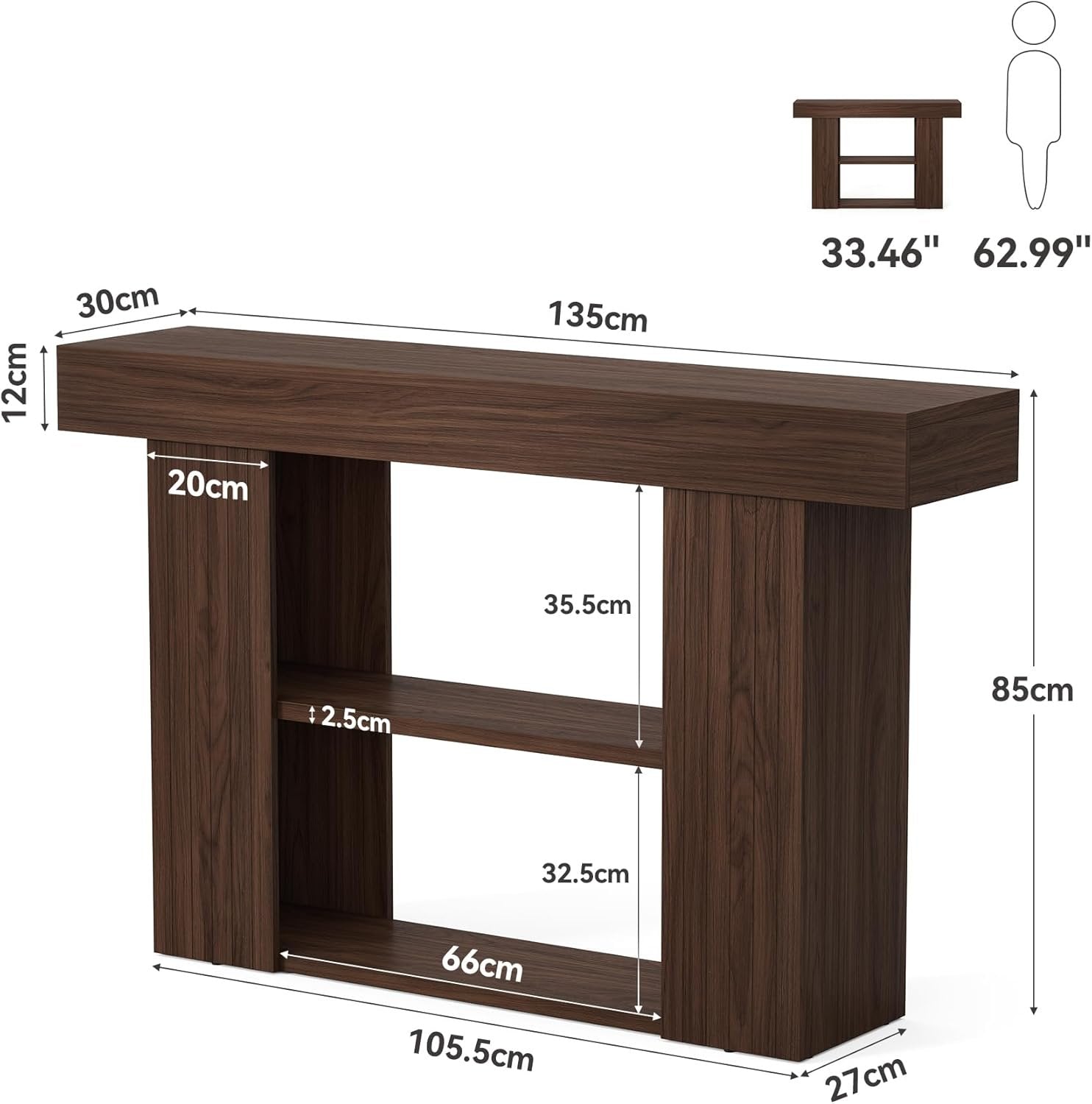 135 cm Mid-Century Konsoletisch mit 3 Ebenen, schmaler Couchtisch für Diele & Wohnzimmer in Walnuss