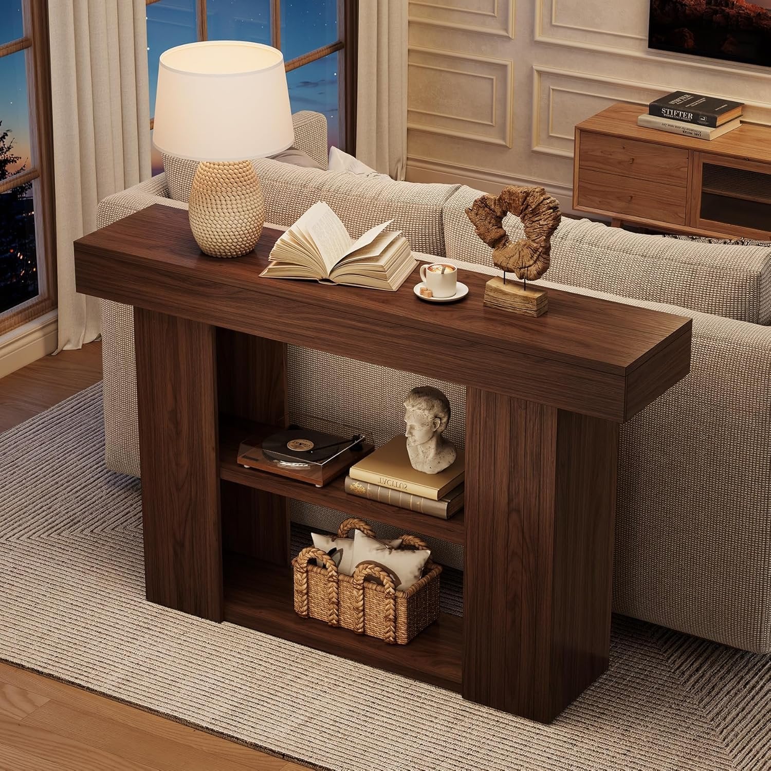 135 cm Mid-Century Konsoletisch mit 3 Ebenen, schmaler Couchtisch für Diele & Wohnzimmer in Walnuss