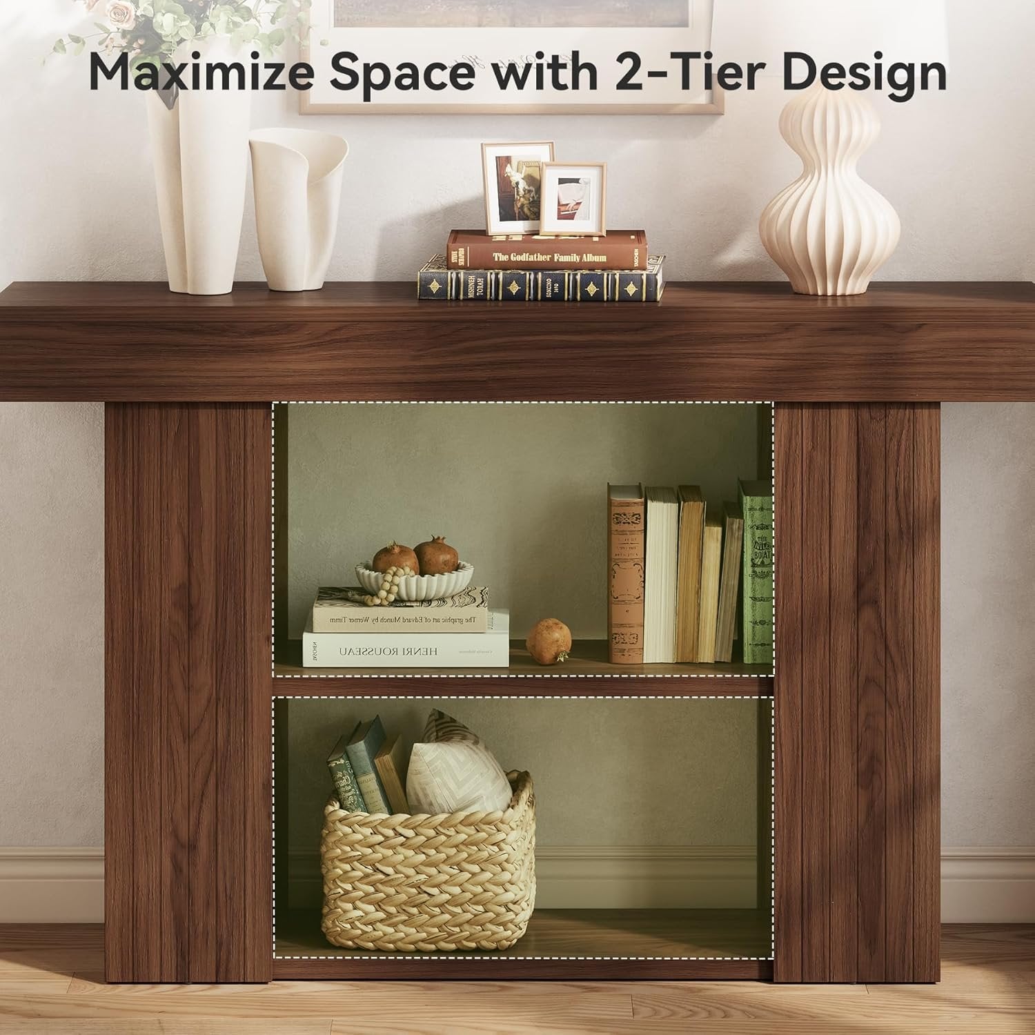 135 cm Mid-Century Konsoletisch mit 3 Ebenen, schmaler Couchtisch für Diele & Wohnzimmer in Walnuss