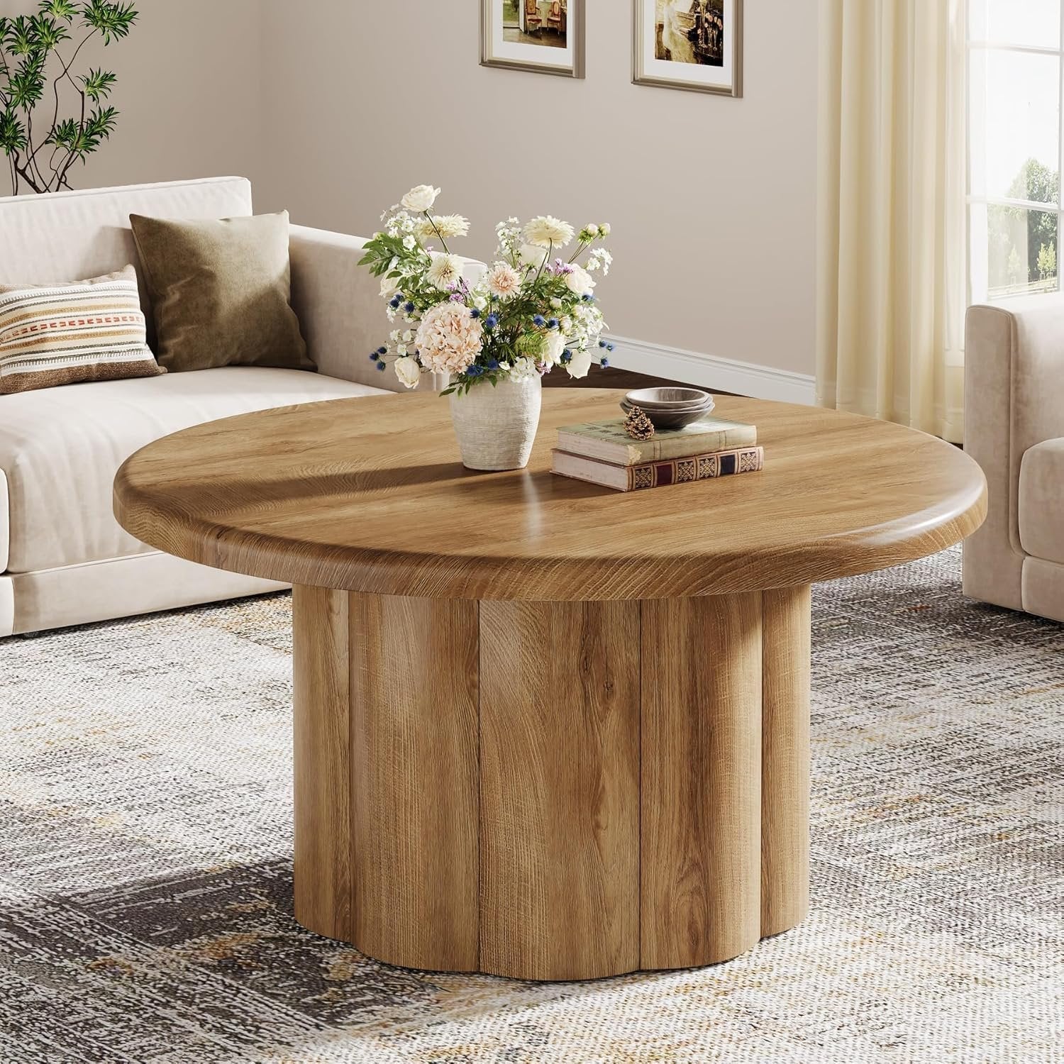 80 cm Couchtisch Rund, Landhaus Design Wohnzimmertisch mit Riffelbasis in Braun