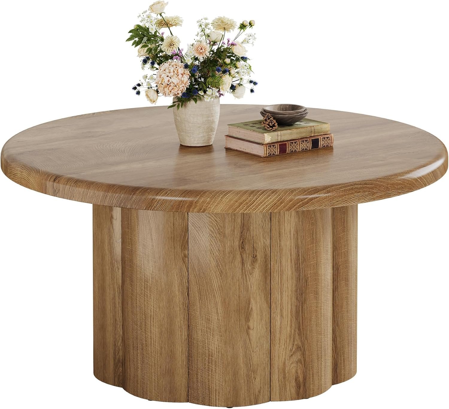 80 cm Couchtisch Rund, Landhaus Design Wohnzimmertisch mit Riffelbasis in Braun