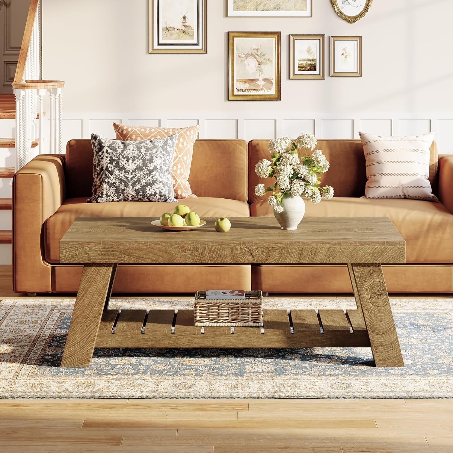 Tribesigns 120 cm Couchtisch im Landhausstil, rustikaler Rechtecktisch mit V-Beinen für Wohnzimmer