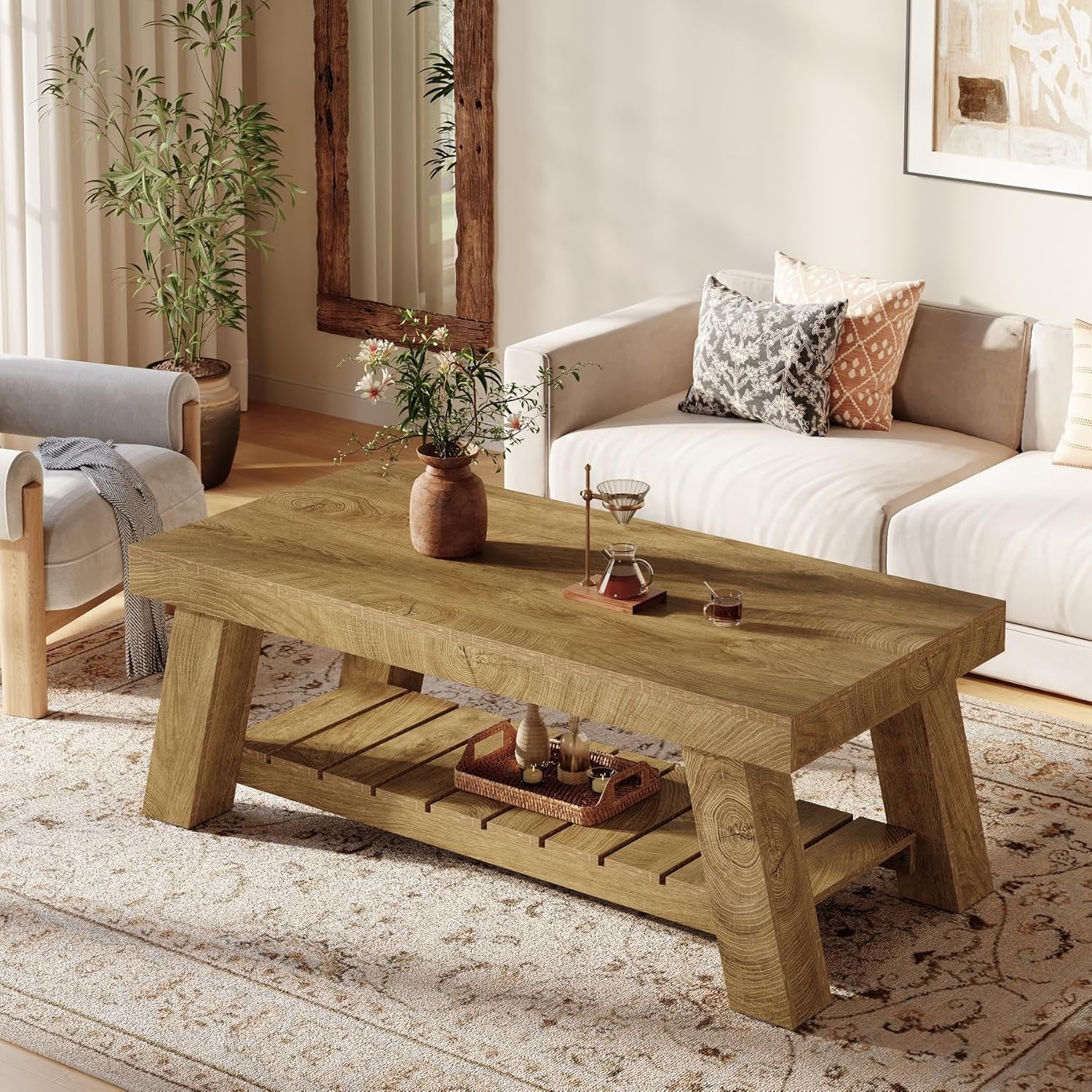 Tribesigns 120 cm Couchtisch im Landhausstil, rustikaler Rechtecktisch mit V-Beinen für Wohnzimmer