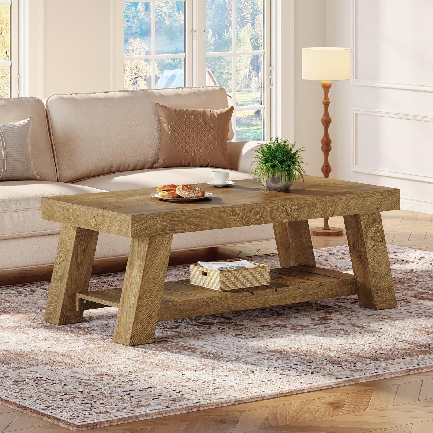 Tribesigns 120 cm Couchtisch im Landhausstil, rustikaler Rechtecktisch mit V-Beinen für Wohnzimmer