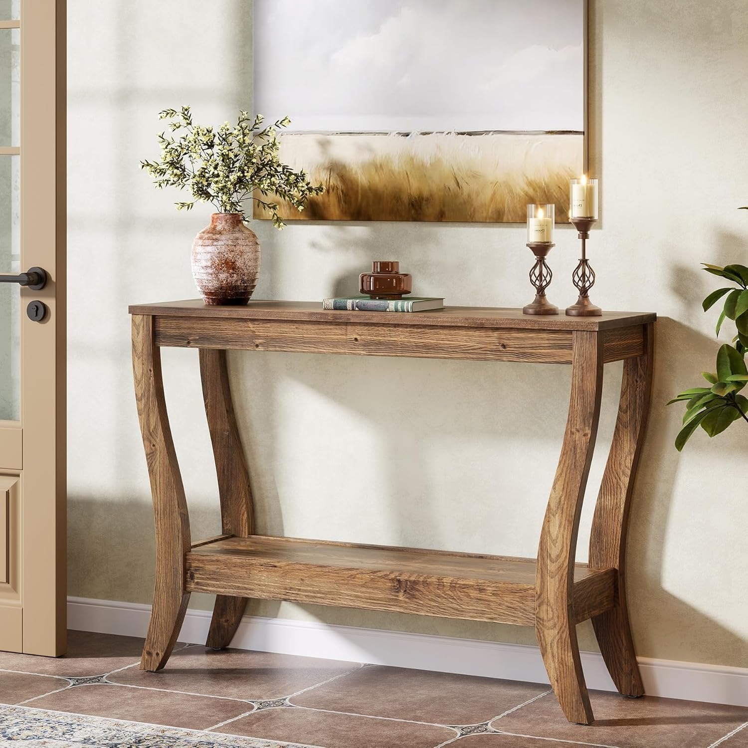 105 cm Konsolentisch aus Holz, 2-stufiger Bauernhaus-Flurtisch mit Stauraum