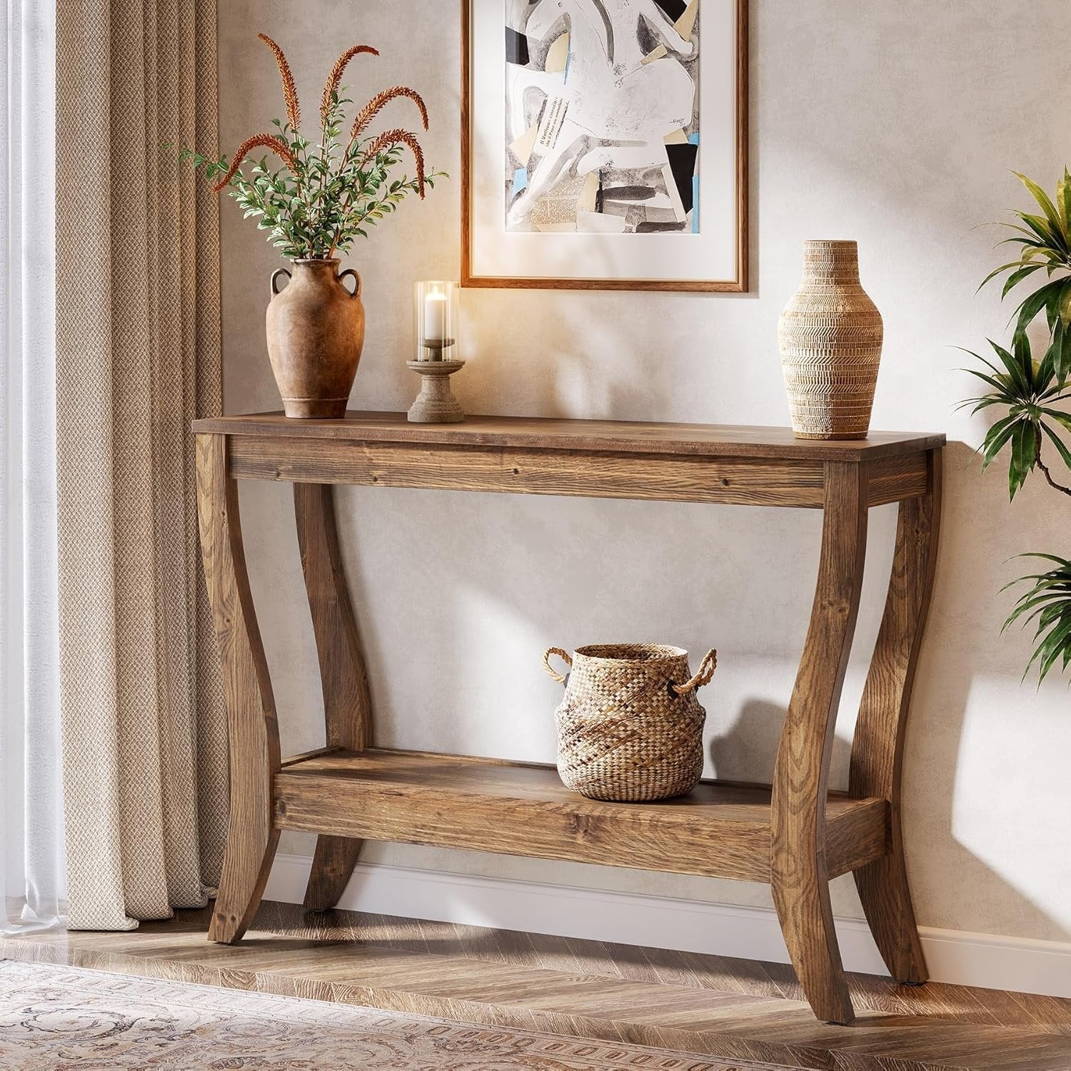 105 cm Konsolentisch aus Holz, 2-stufiger Bauernhaus-Flurtisch mit Stauraum