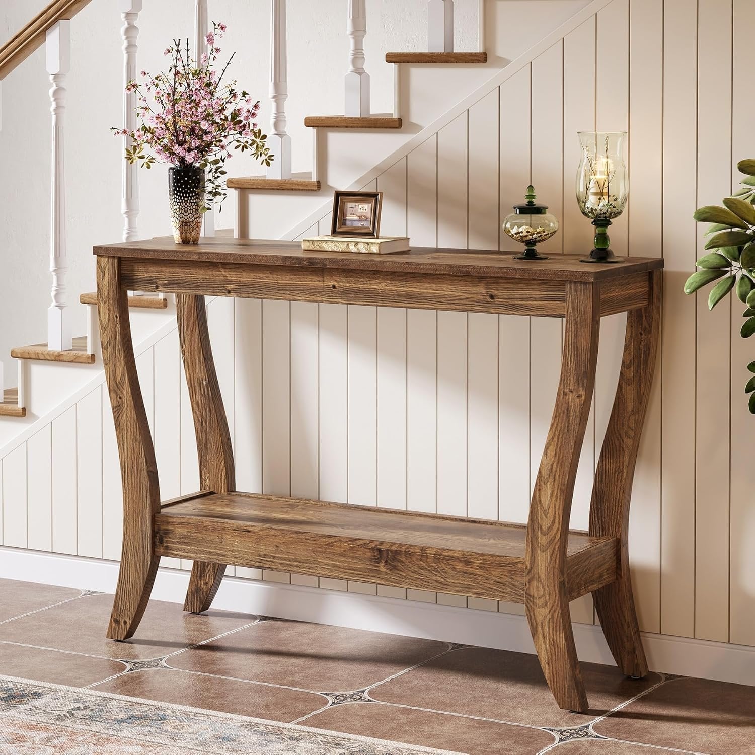 105 cm Konsolentisch aus Holz, 2-stufiger Bauernhaus-Flurtisch mit Stauraum