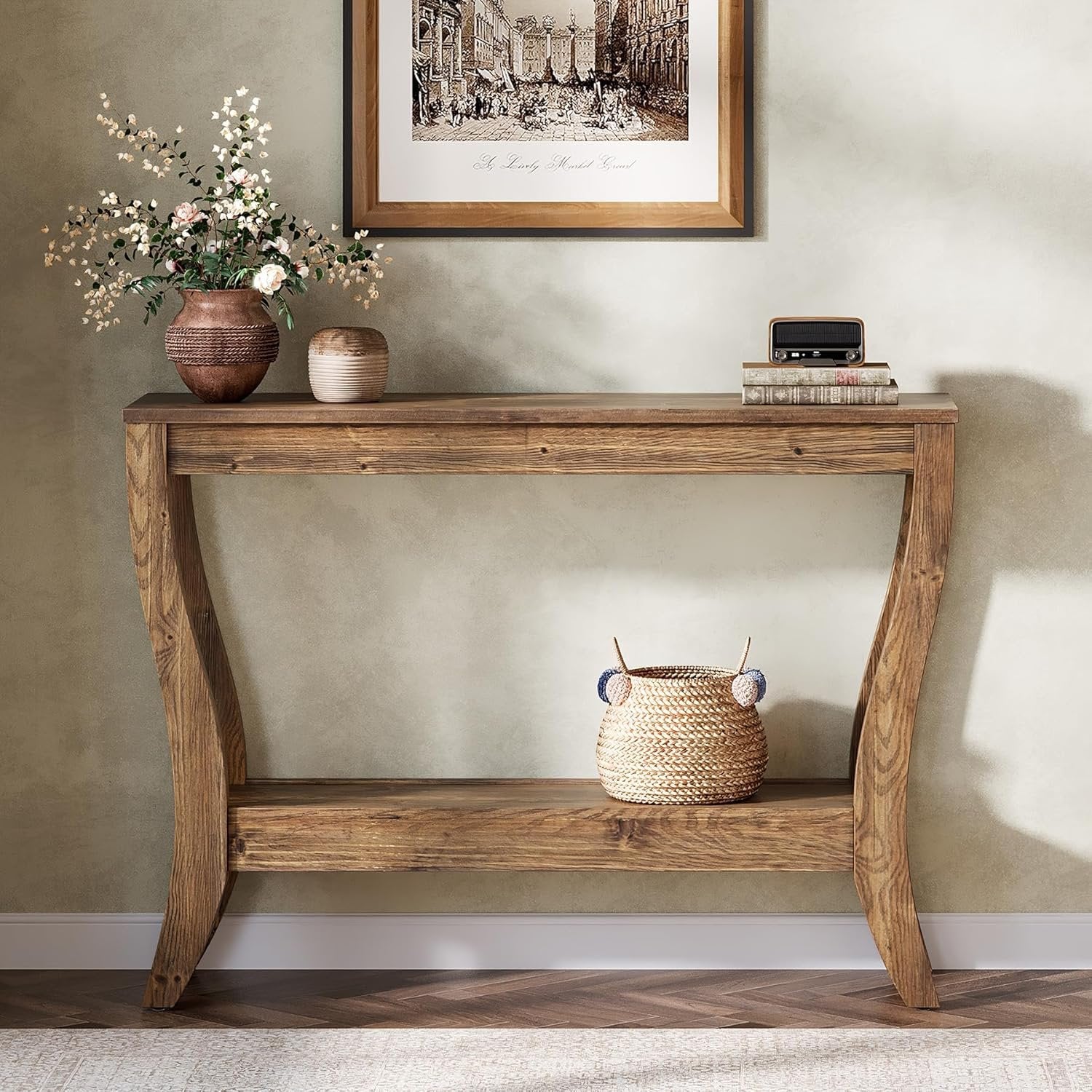 105 cm Konsolentisch aus Holz, 2-stufiger Bauernhaus-Flurtisch mit Stauraum