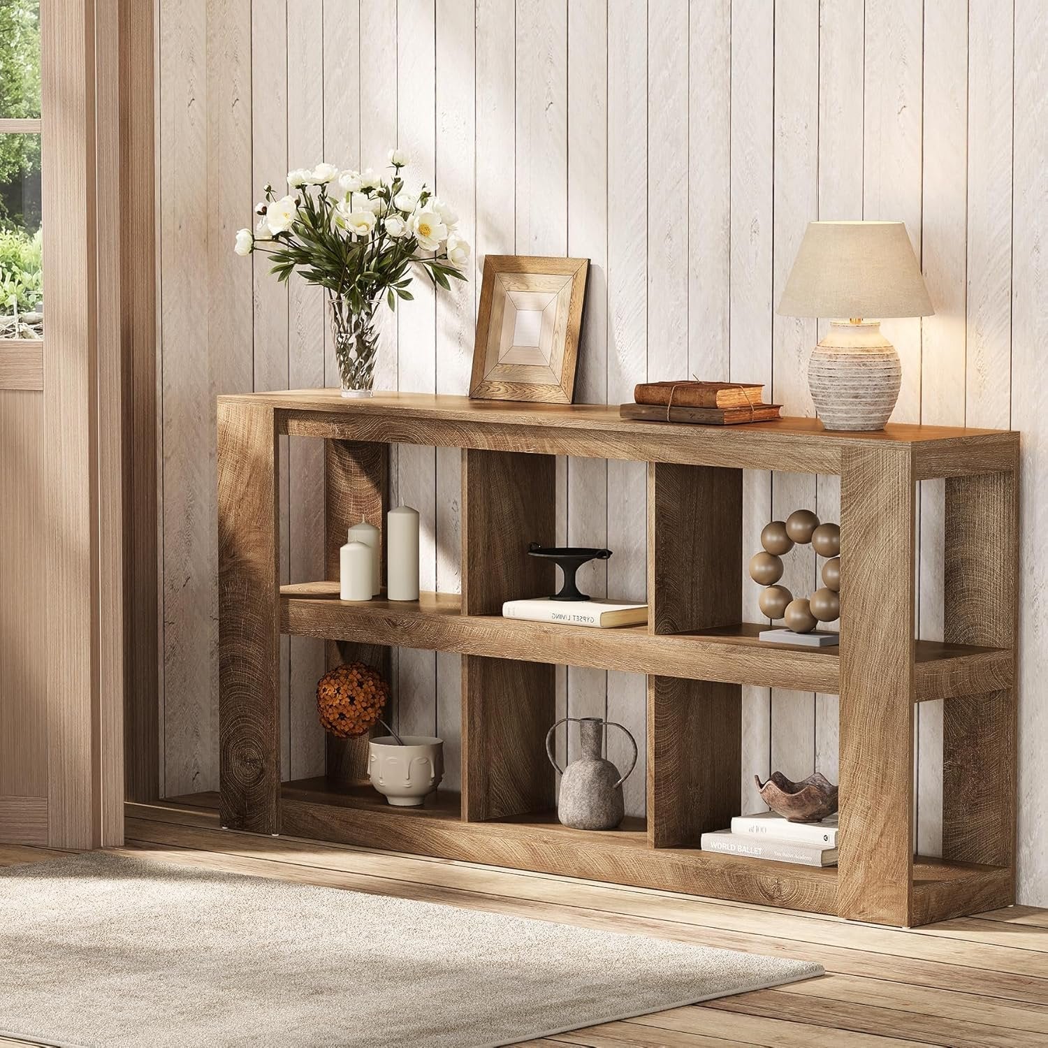 Konsolentisch, 3-stufiger schmaler Sofatisch, 160 cm Flurtisch Beistelltisch mit 6 Würfelregalen für Wohnzimmer