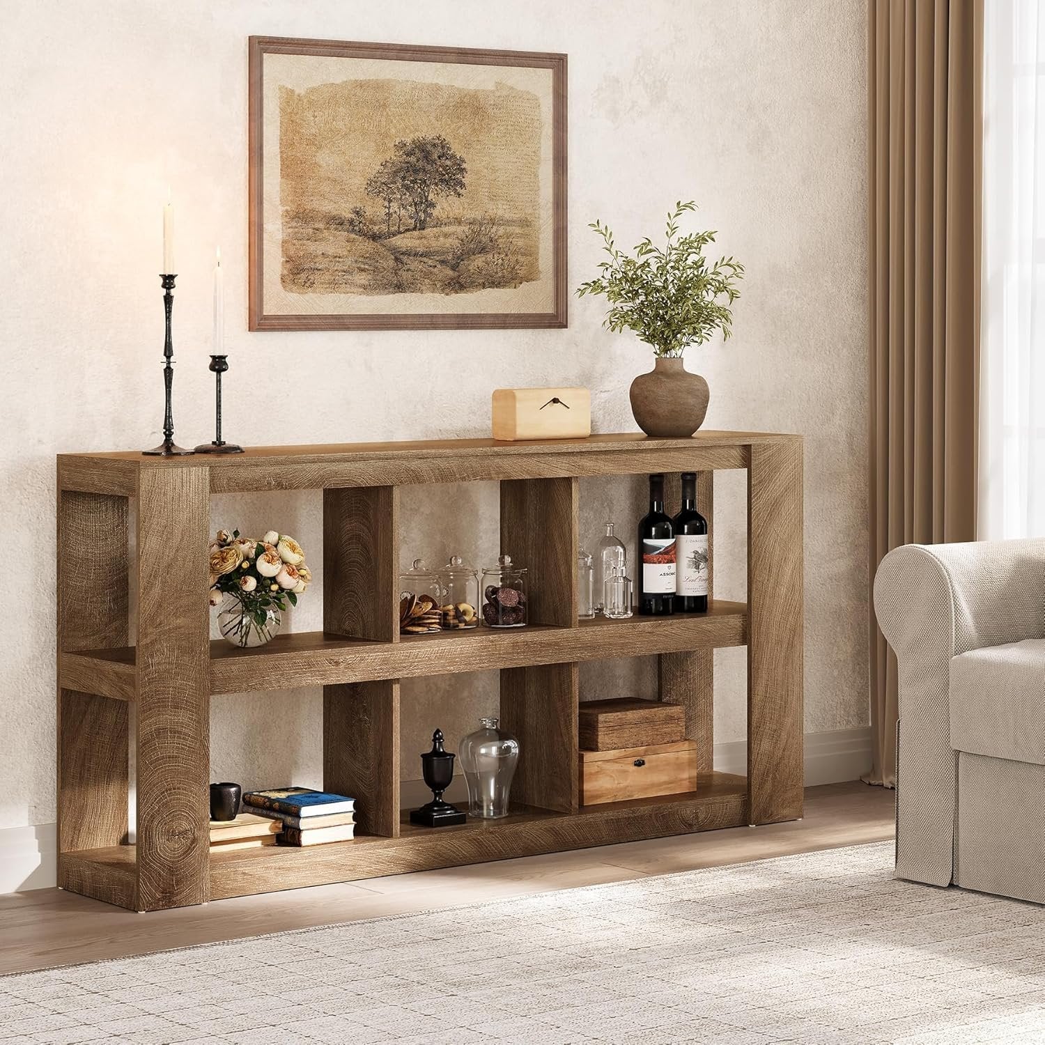 Konsolentisch, 3-stufiger schmaler Sofatisch, 160 cm Flurtisch Beistelltisch mit 6 Würfelregalen für Wohnzimmer
