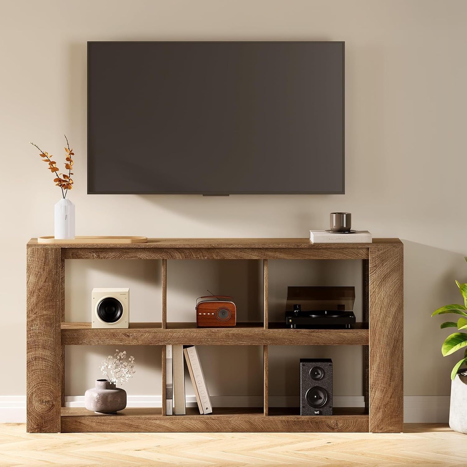 Konsolentisch, 3-stufiger schmaler Sofatisch, 160 cm Flurtisch Beistelltisch mit 6 Würfelregalen für Wohnzimmer