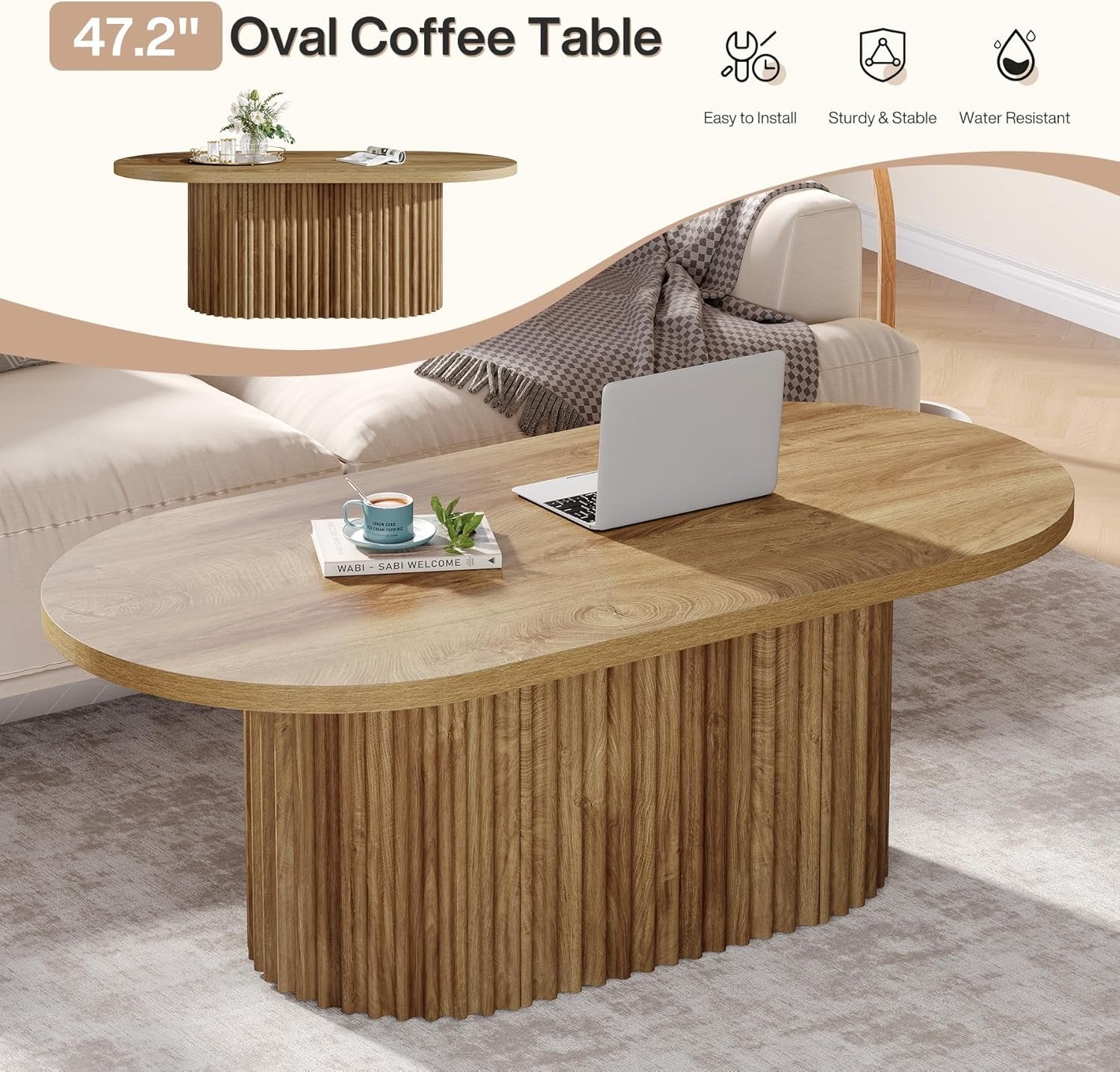 Ovaler 120 cm Couchtisch aus Holz, Rustikaler Sofatisch mit Rillenstruktur