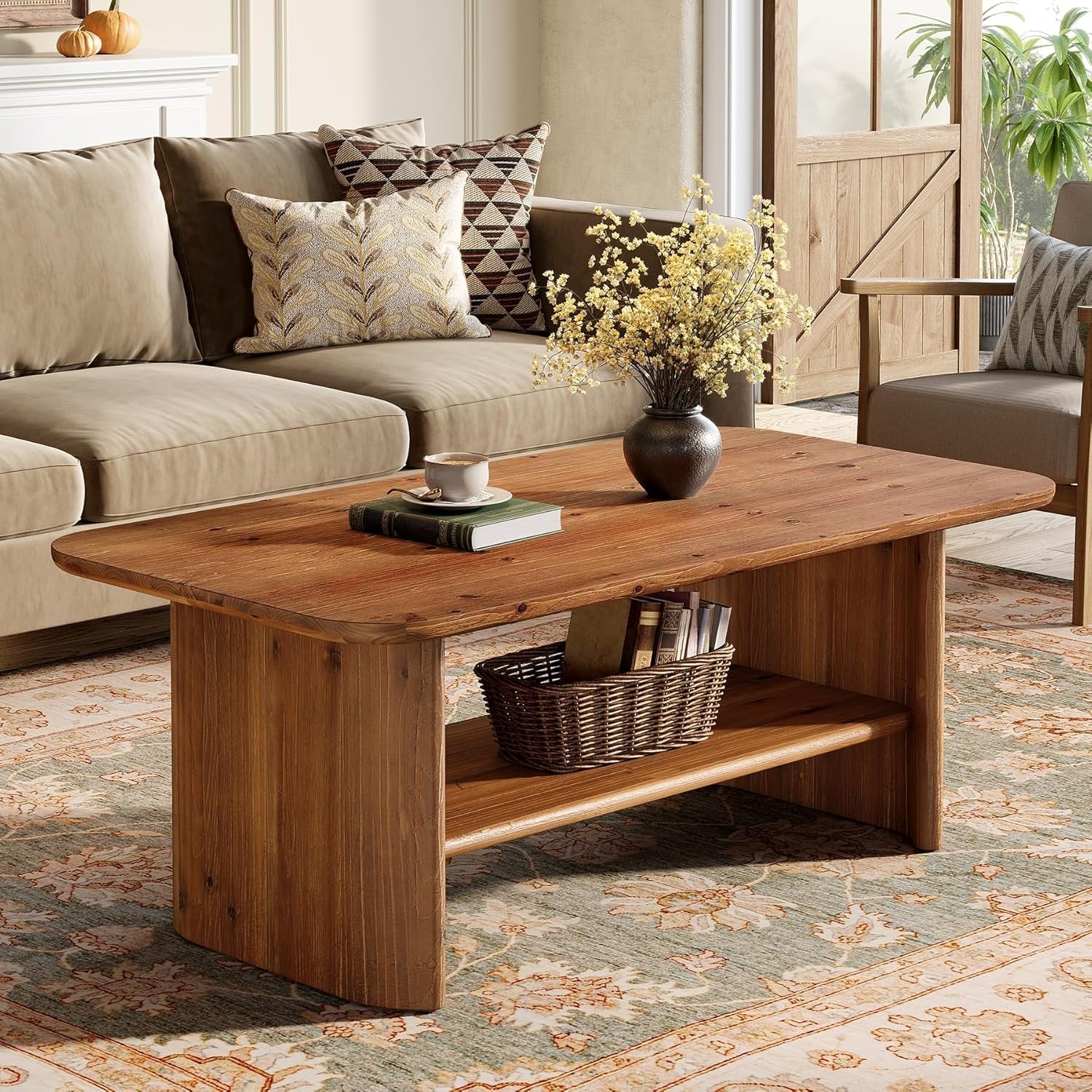 Rechteckiger 120 cm Couchtische aus Massivholz, 2-stöckiger Wohnzimmertisch mit Stauraum