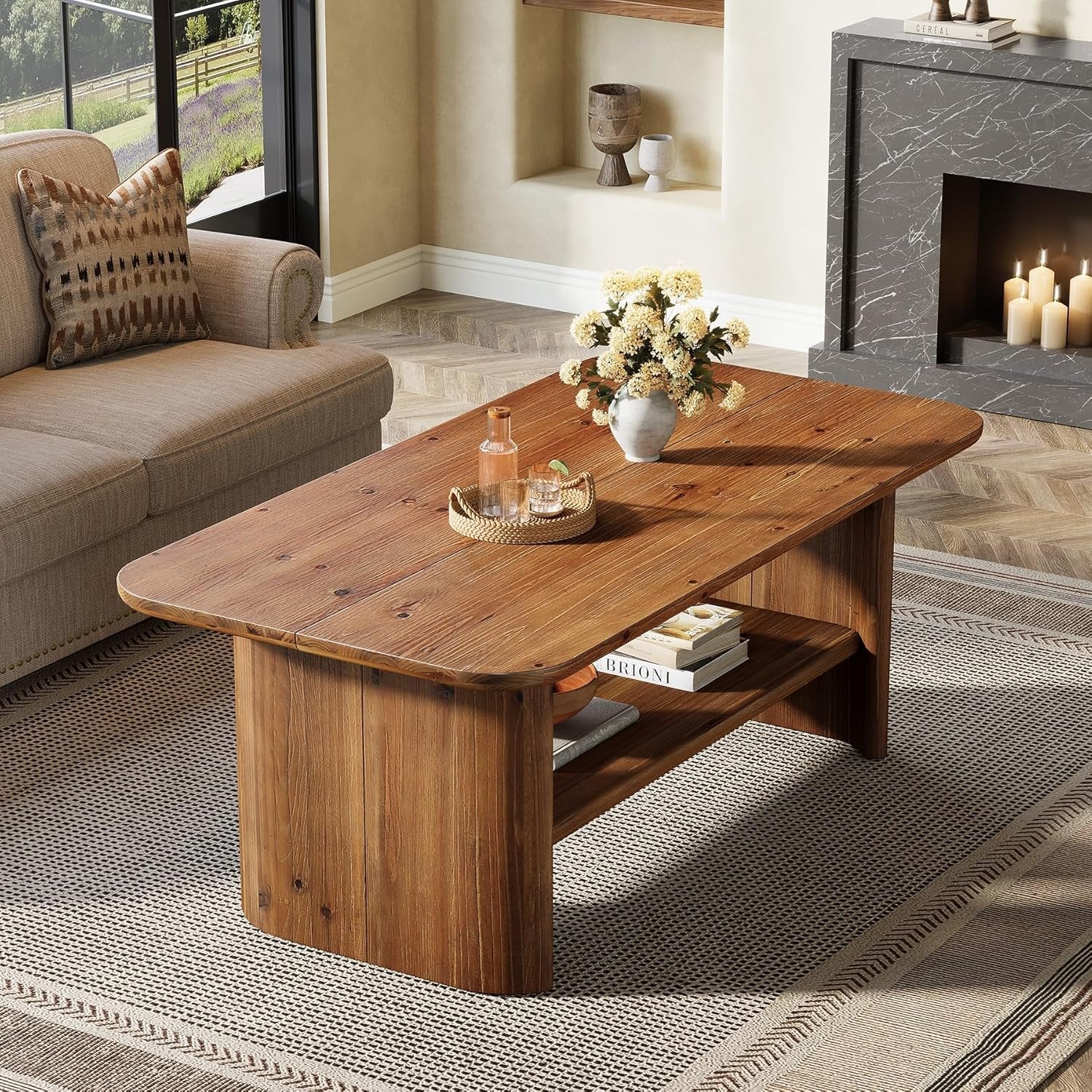 Rechteckiger 120 cm Couchtische aus Massivholz, 2-stöckiger Wohnzimmertisch mit Stauraum