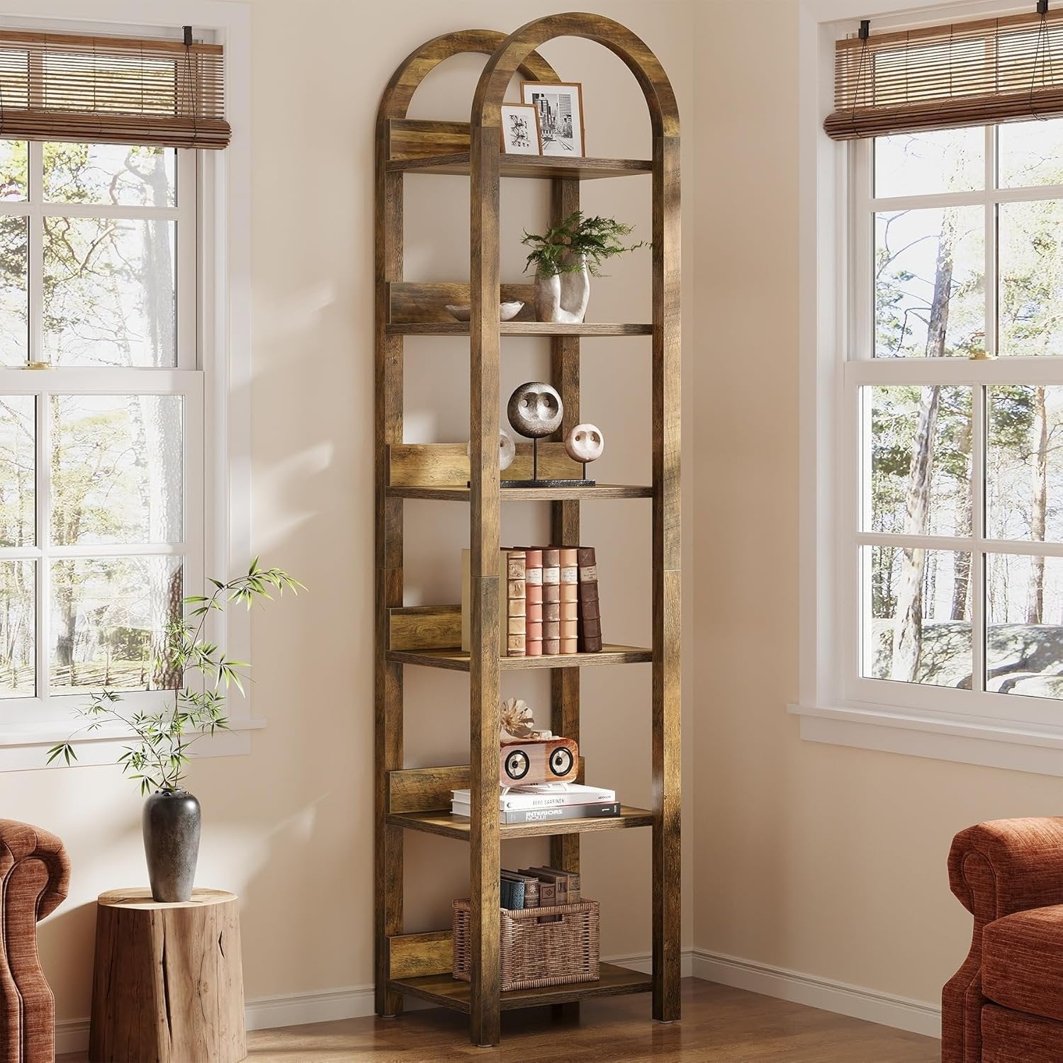 180 cm Hohes Holz-Bücherregal, Schlankes Gewölbtes Regal mit 6 Fächern für kleine Räume