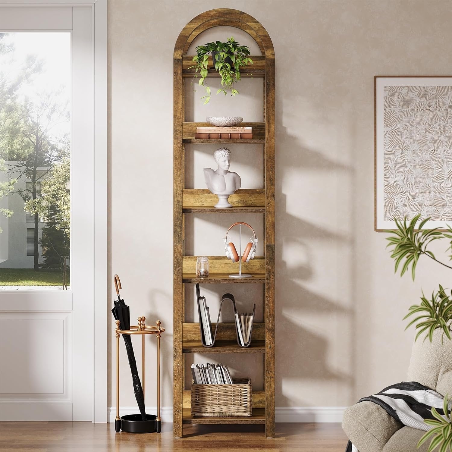 180 cm Hohes Holz-Bücherregal, Schlankes Gewölbtes Regal mit 6 Fächern für kleine Räume