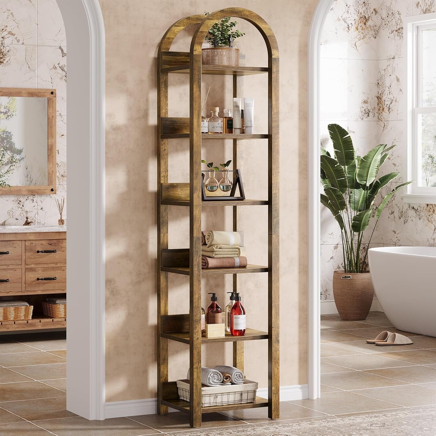 180 cm Hohes Holz-Bücherregal, Schlankes Gewölbtes Regal mit 6 Fächern für kleine Räume