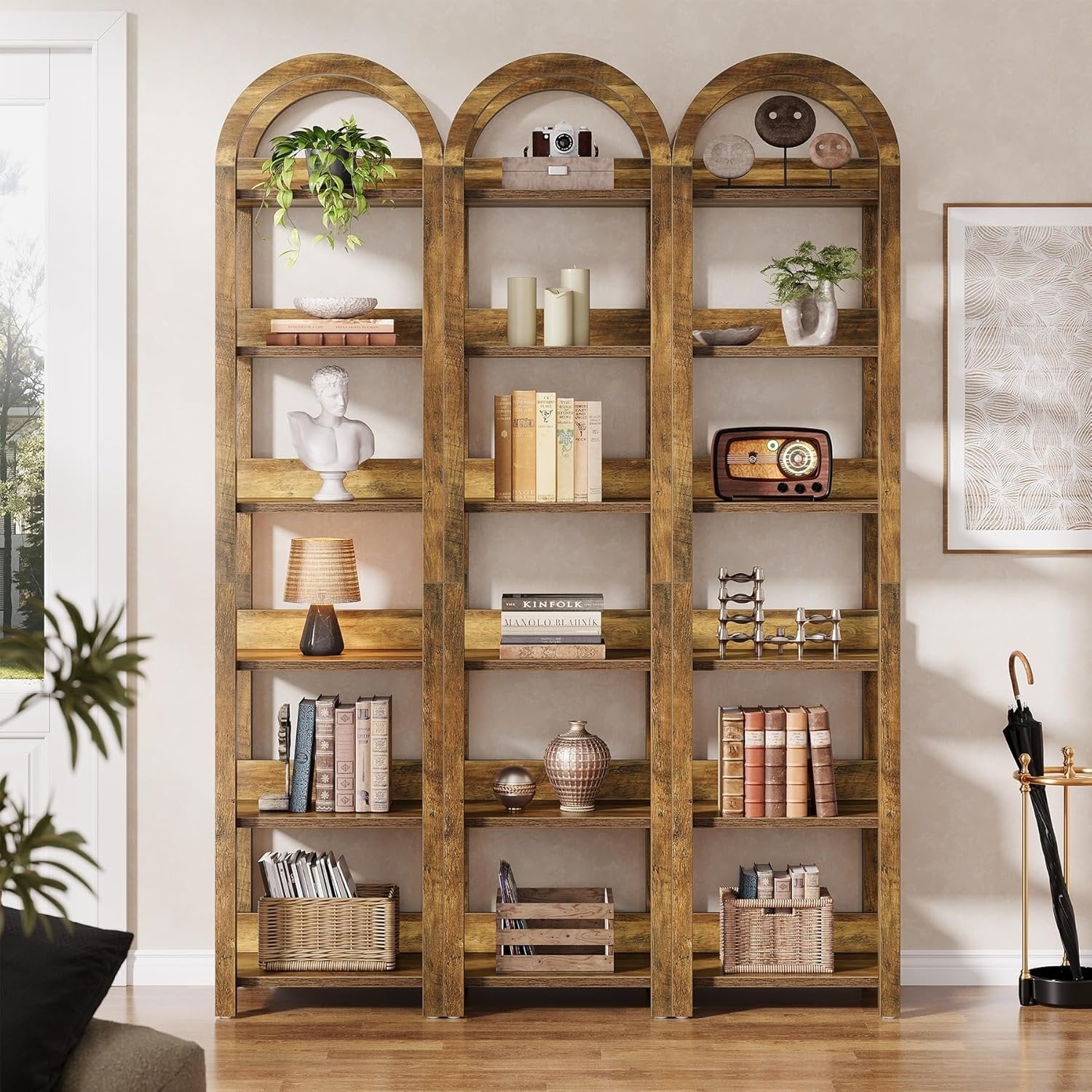 180 cm Hohes Holz-Bücherregal, Schlankes Gewölbtes Regal mit 6 Fächern für kleine Räume