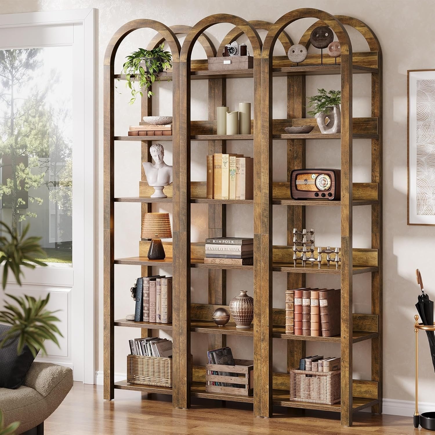 180 cm Hohes Holz-Bücherregal, Schlankes Gewölbtes Regal mit 6 Fächern für kleine Räume