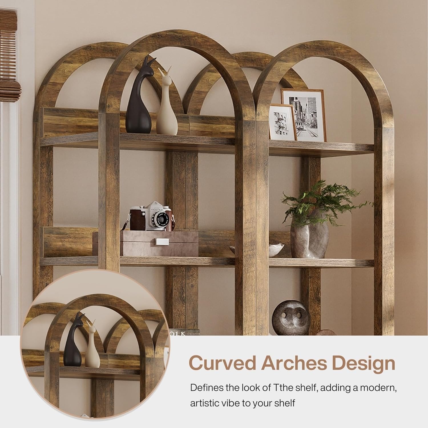 180 cm Hohes Holz-Bücherregal, Schlankes Gewölbtes Regal mit 6 Fächern für kleine Räume