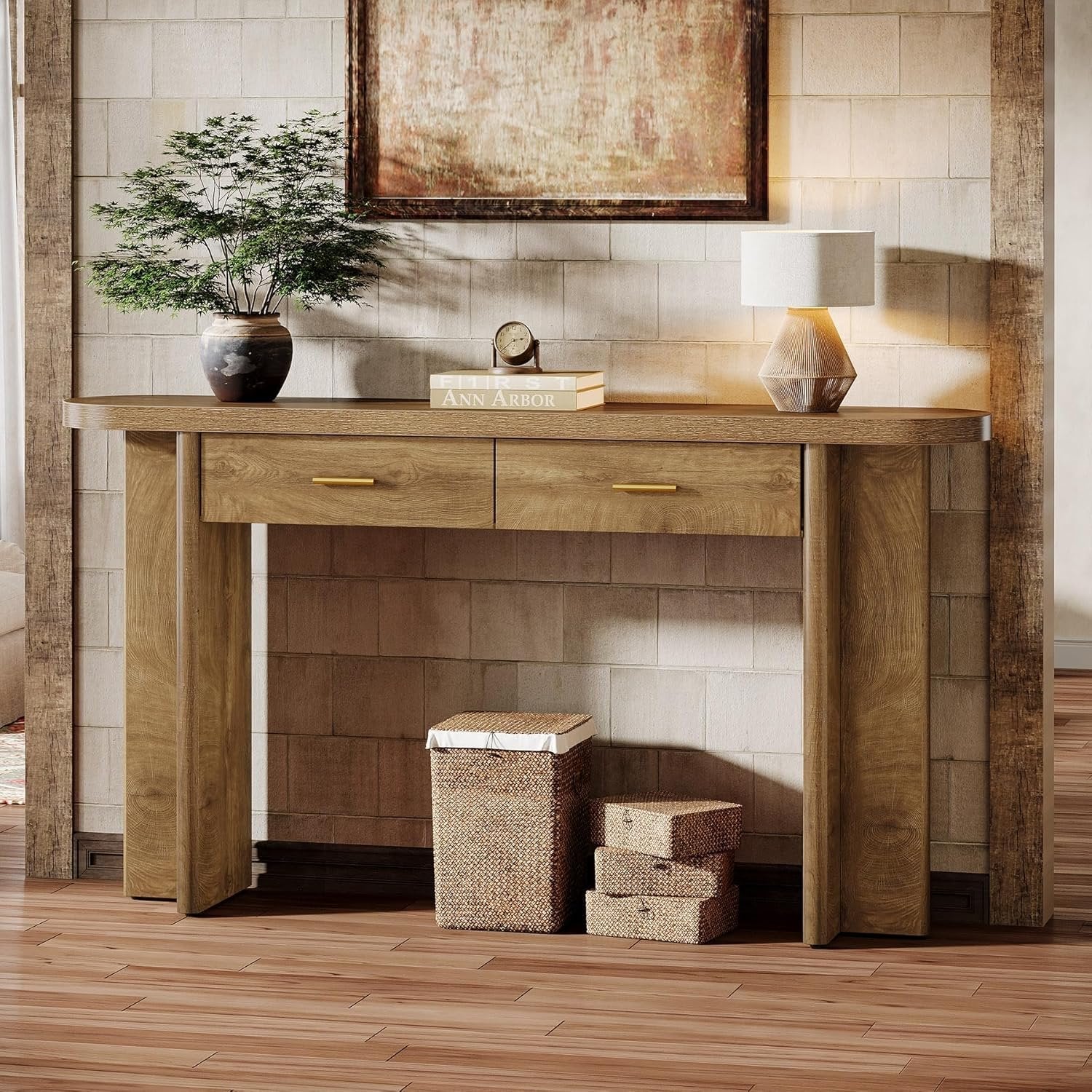 160 cm Holz-Konsolentisch im Landhausstil, Ovaler Flurtisch mit 2 Schubladen und Stauraum