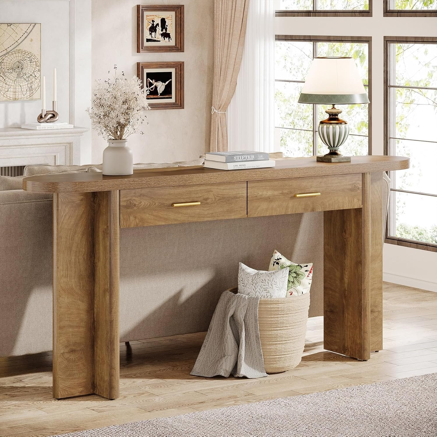 160 cm Holz-Konsolentisch im Landhausstil, Ovaler Flurtisch mit 2 Schubladen und Stauraum