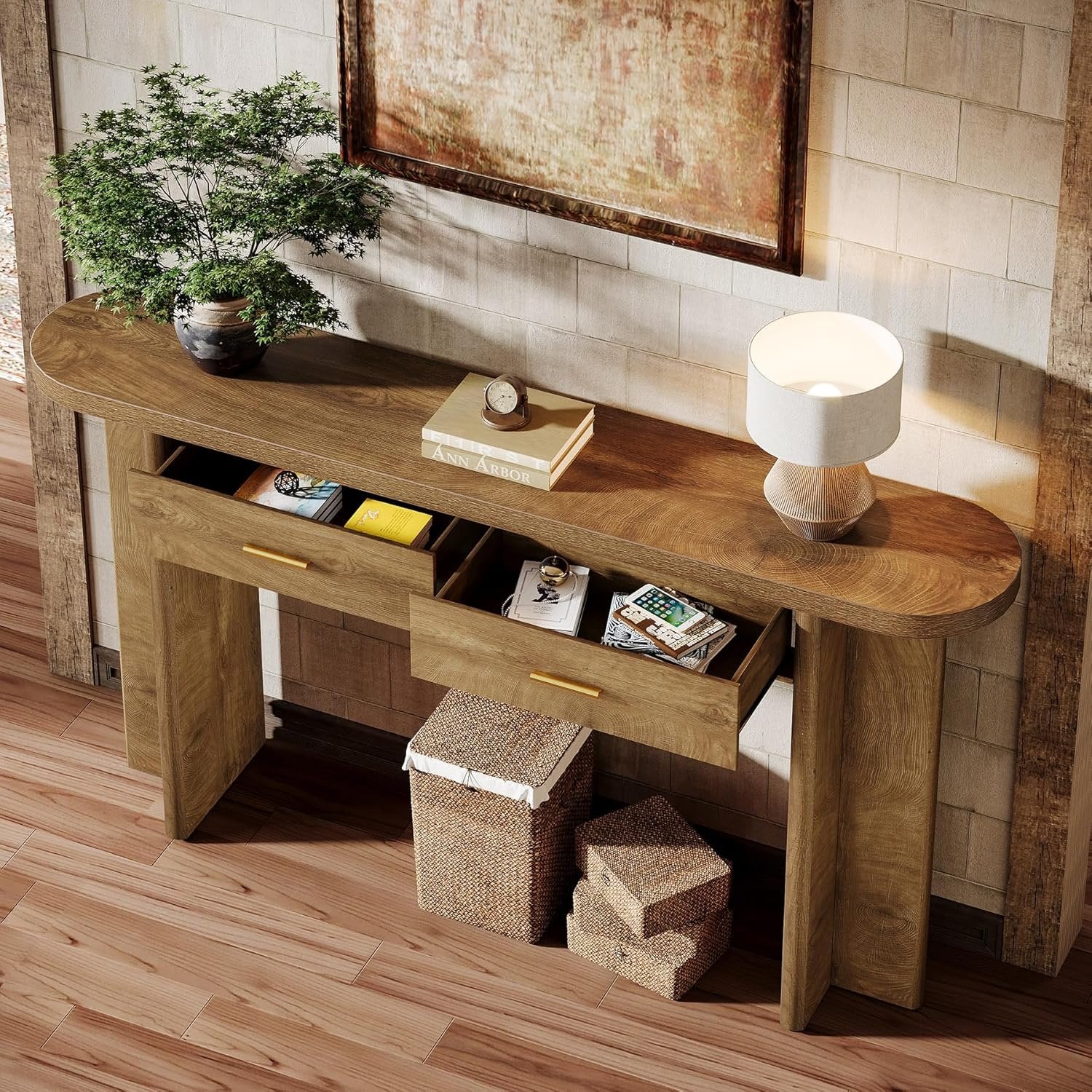 160 cm Holz-Konsolentisch im Landhausstil, Ovaler Flurtisch mit 2 Schubladen und Stauraum