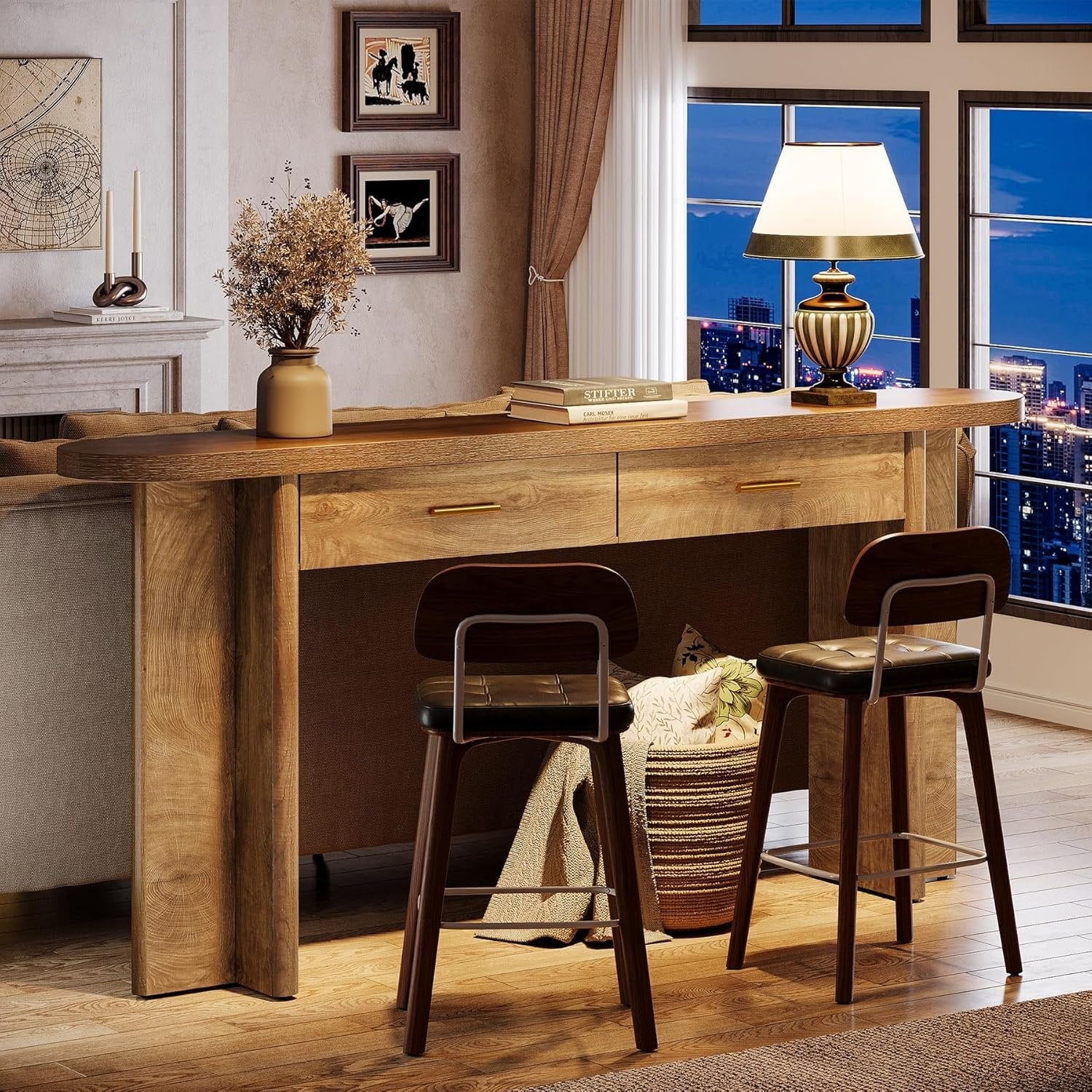 160 cm Holz-Konsolentisch im Landhausstil, Ovaler Flurtisch mit 2 Schubladen und Stauraum