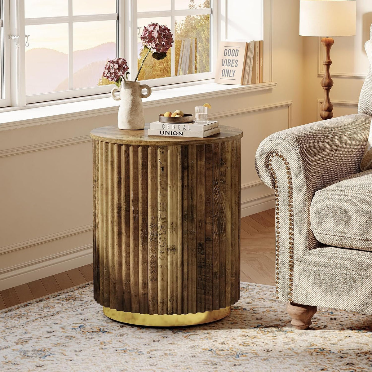 Tribesigns Runder Beistelltisch 50 cm, kleiner Tisch mit Rillen-Design, Landhausstil