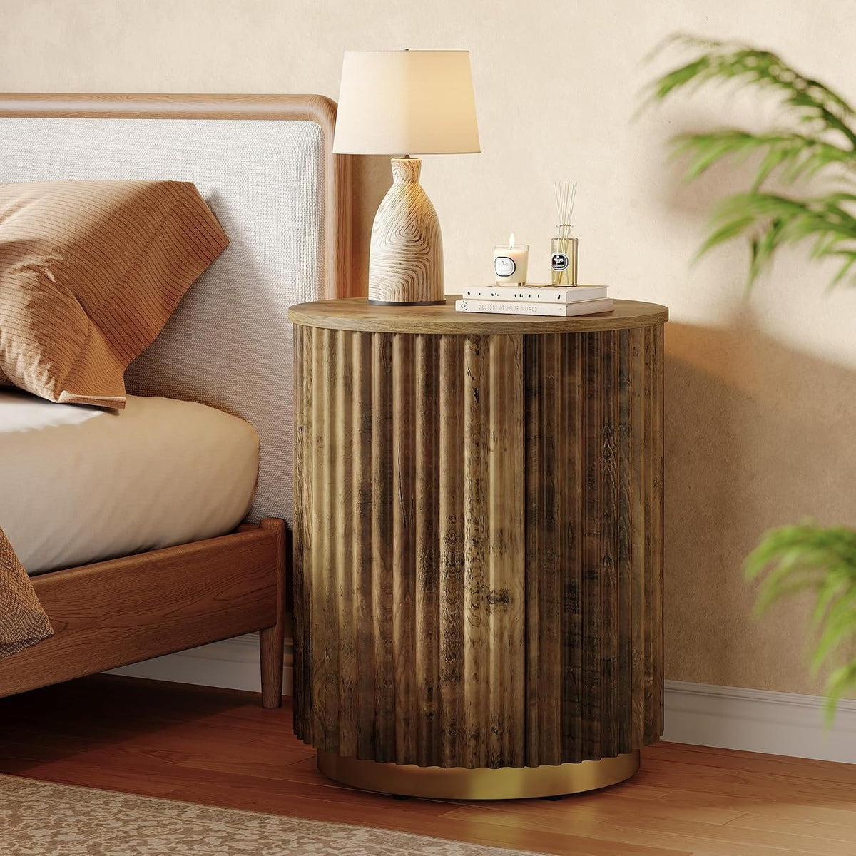 Tribesigns Runder Beistelltisch 50 cm, kleiner Tisch mit Rillen-Design, Landhausstil