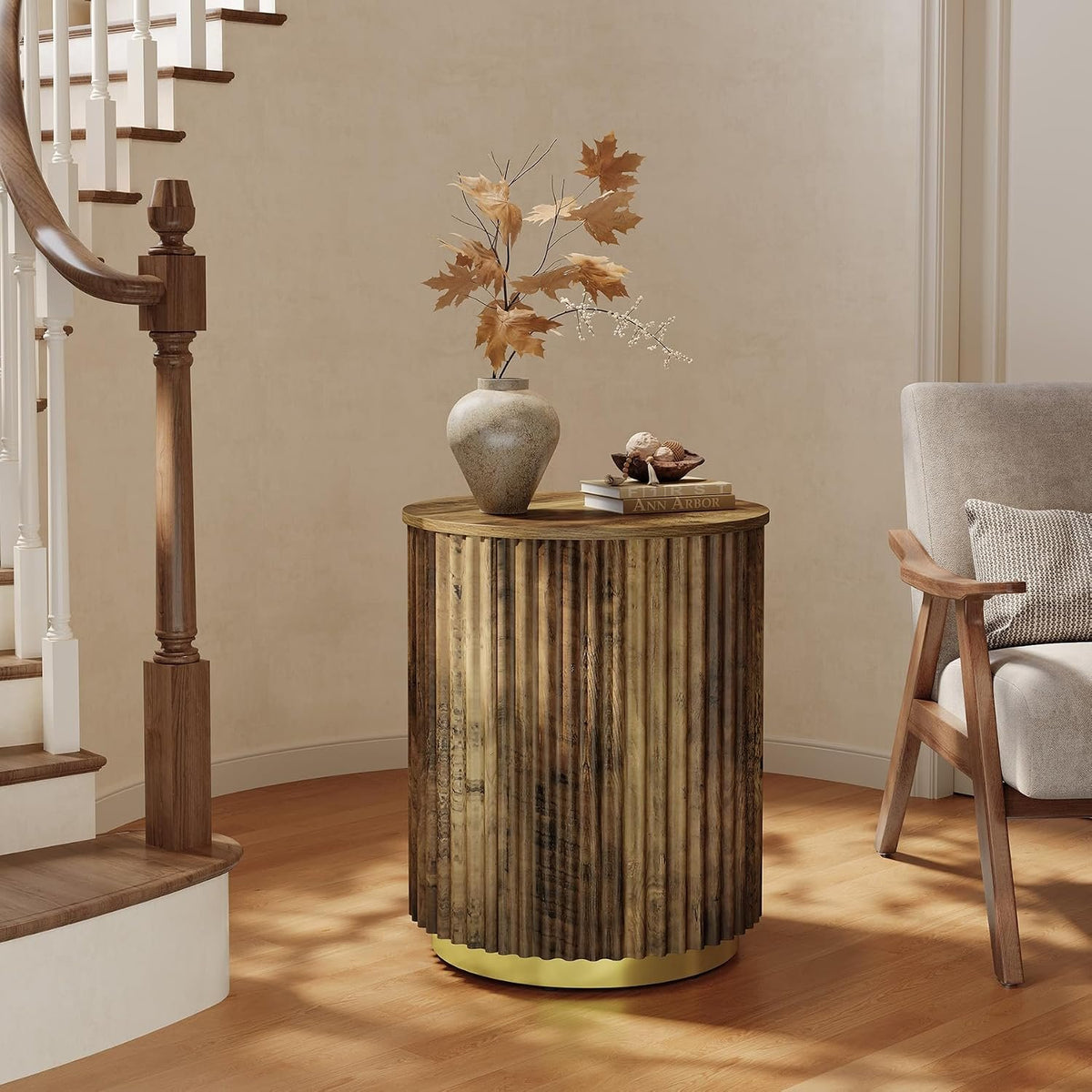 Tribesigns Runder Beistelltisch 50 cm, kleiner Tisch mit Rillen-Design, Landhausstil
