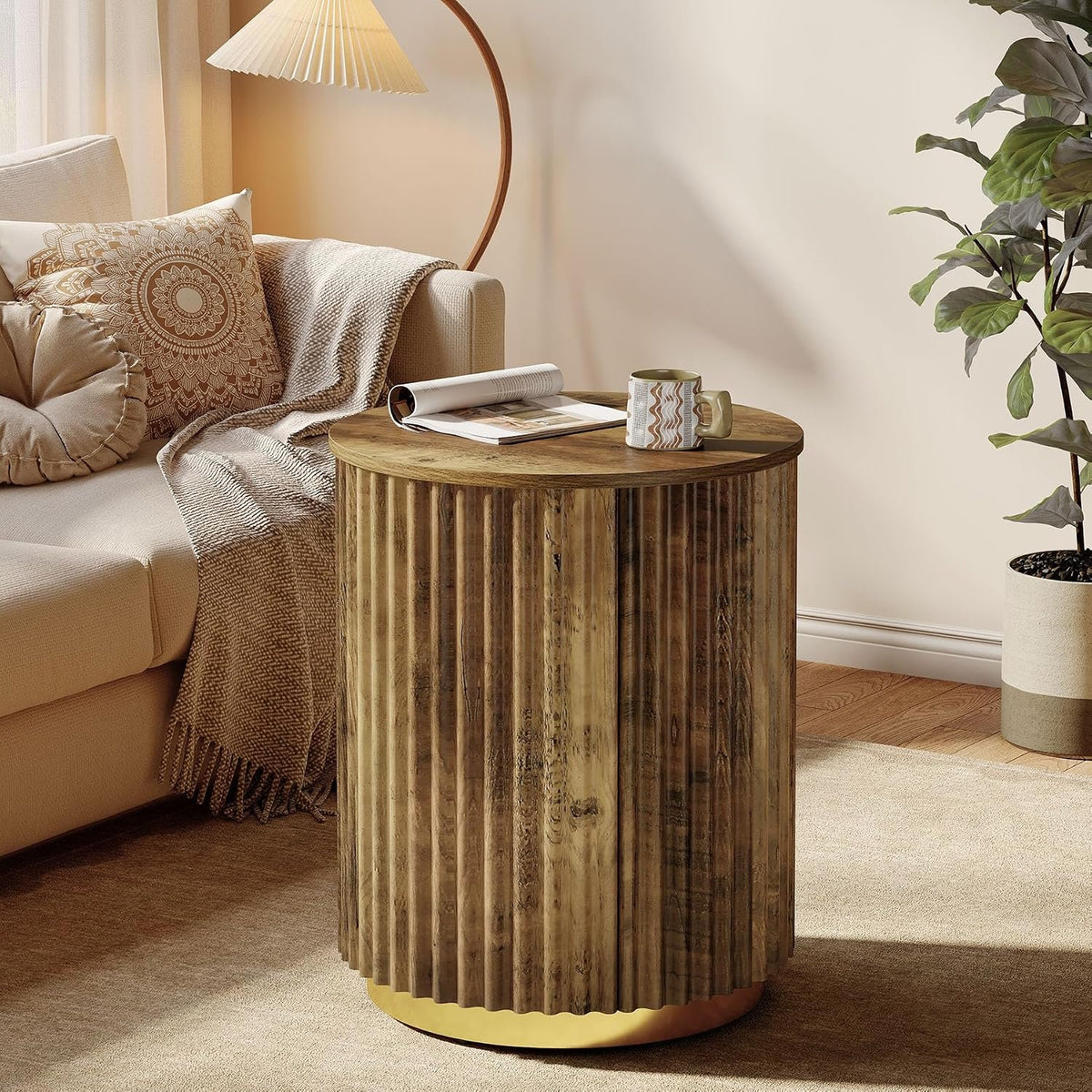 Tribesigns Runder Beistelltisch 50 cm, kleiner Tisch mit Rillen-Design, Landhausstil