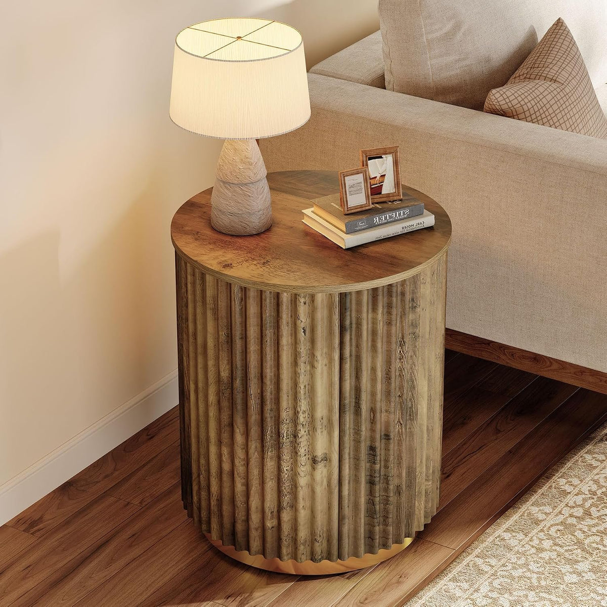 Tribesigns Runder Beistelltisch 50 cm, kleiner Tisch mit Rillen-Design, Landhausstil