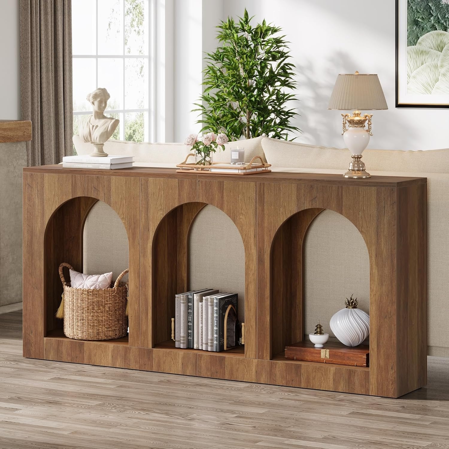 Konsolentisch 160 cm, Schmaler Holztisch mit 3 Bogenregalen, Sofatisch hinter Couch