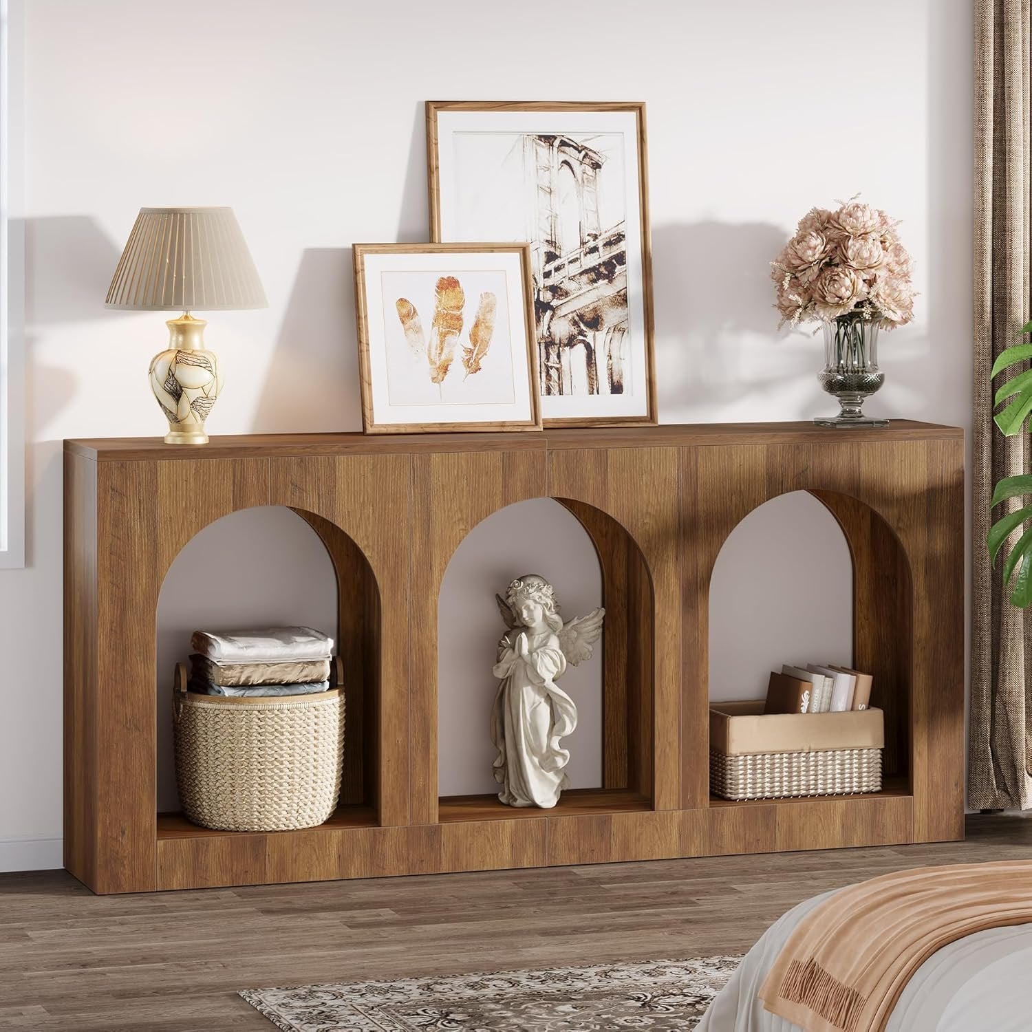 Konsolentisch 160 cm, Schmaler Holztisch mit 3 Bogenregalen, Sofatisch hinter Couch