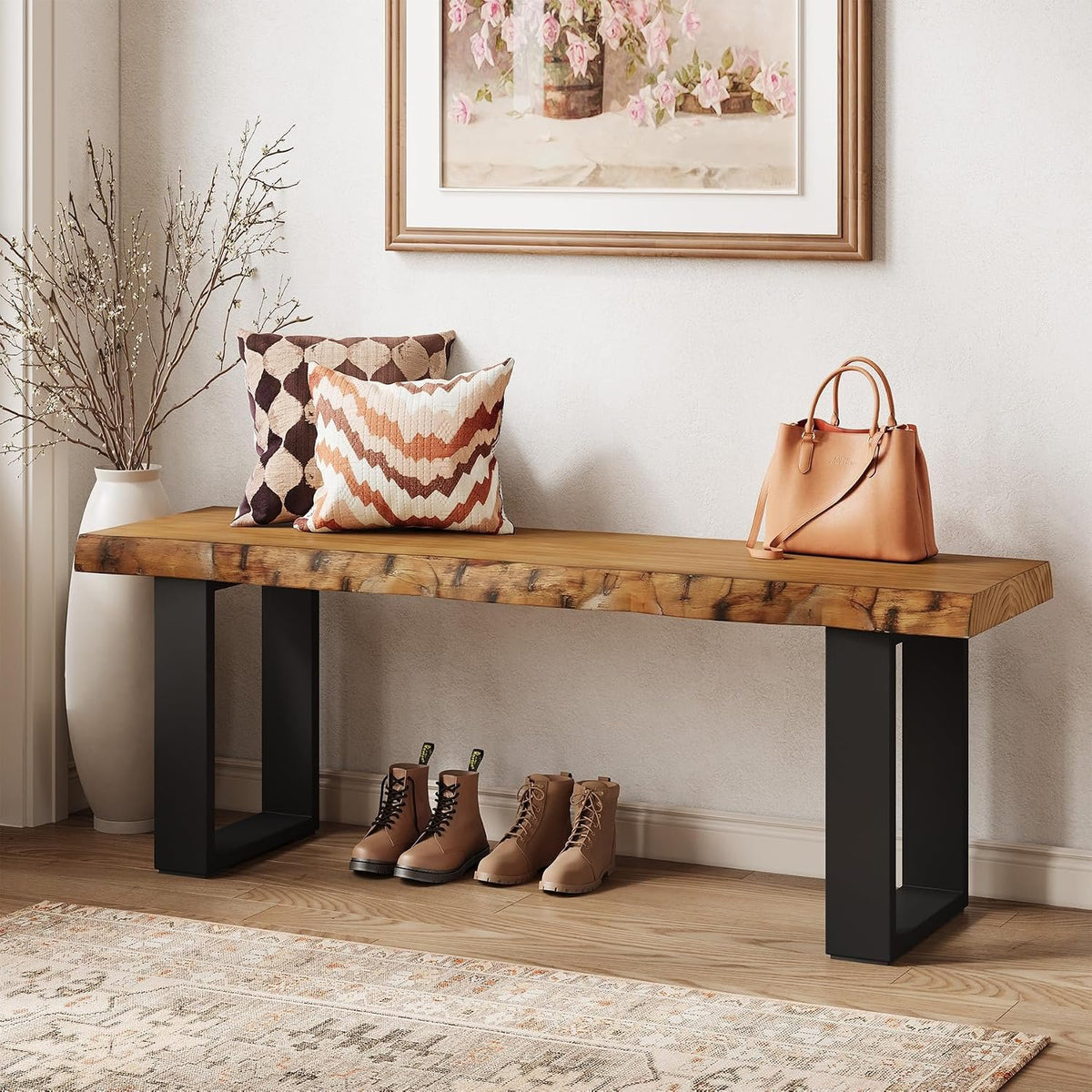 Tribesigns Sitzbank 120 cm aus Massivholz, Eingangsbank mit Metallbeinen, Schuhbank für Flur