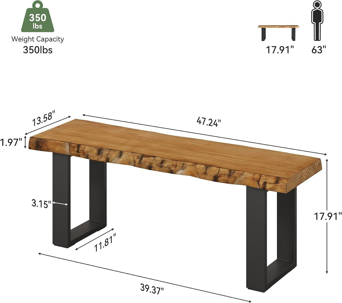 Tribesigns Sitzbank 120 cm aus Massivholz, Eingangsbank mit Metallbeinen, Schuhbank für Flur