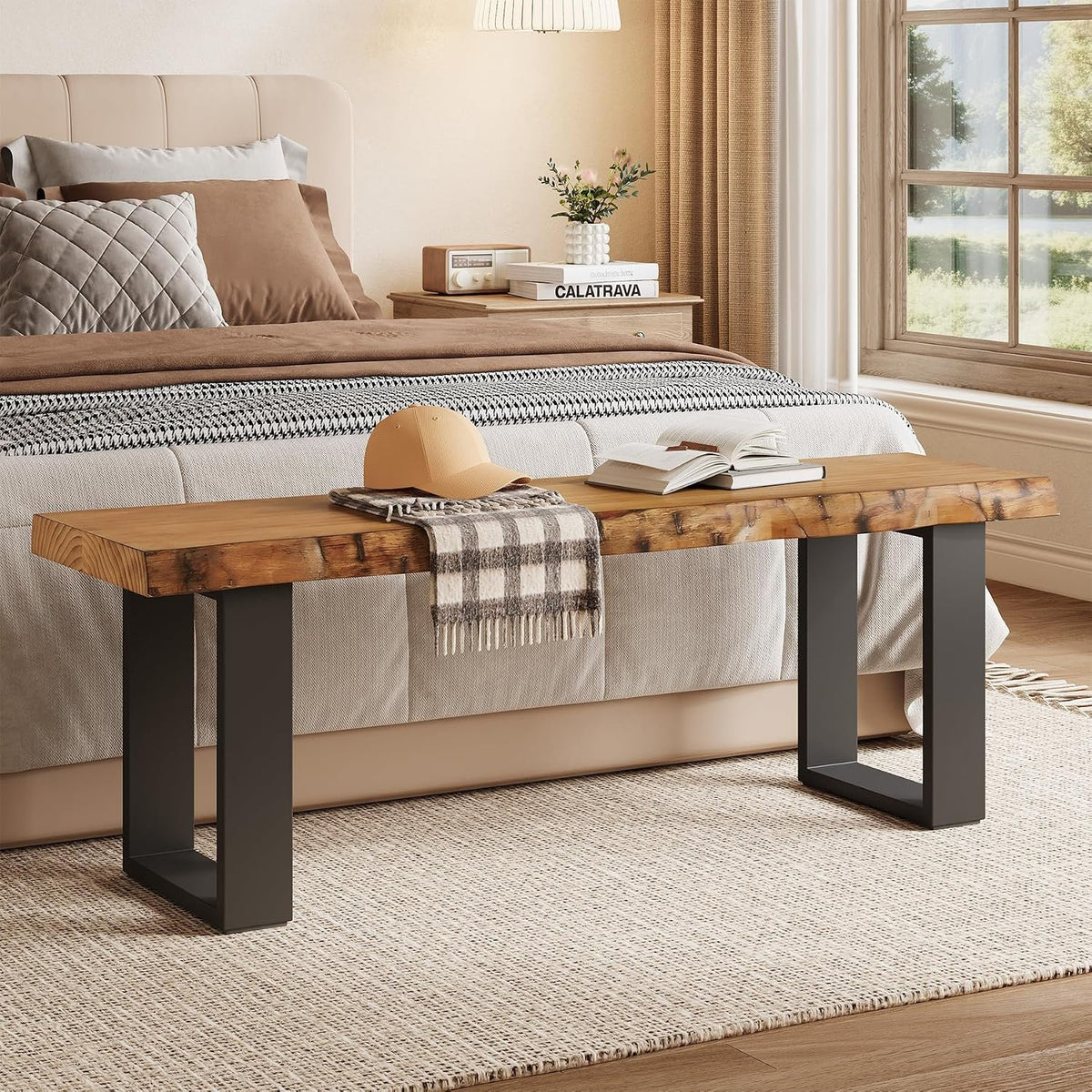 Tribesigns Sitzbank 120 cm aus Massivholz, Eingangsbank mit Metallbeinen, Schuhbank für Flur