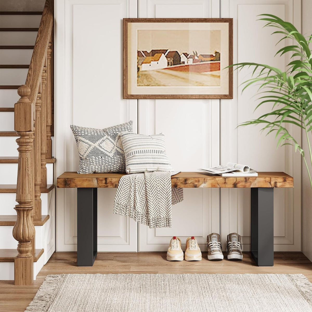 Tribesigns Sitzbank 120 cm aus Massivholz, Eingangsbank mit Metallbeinen, Schuhbank für Flur